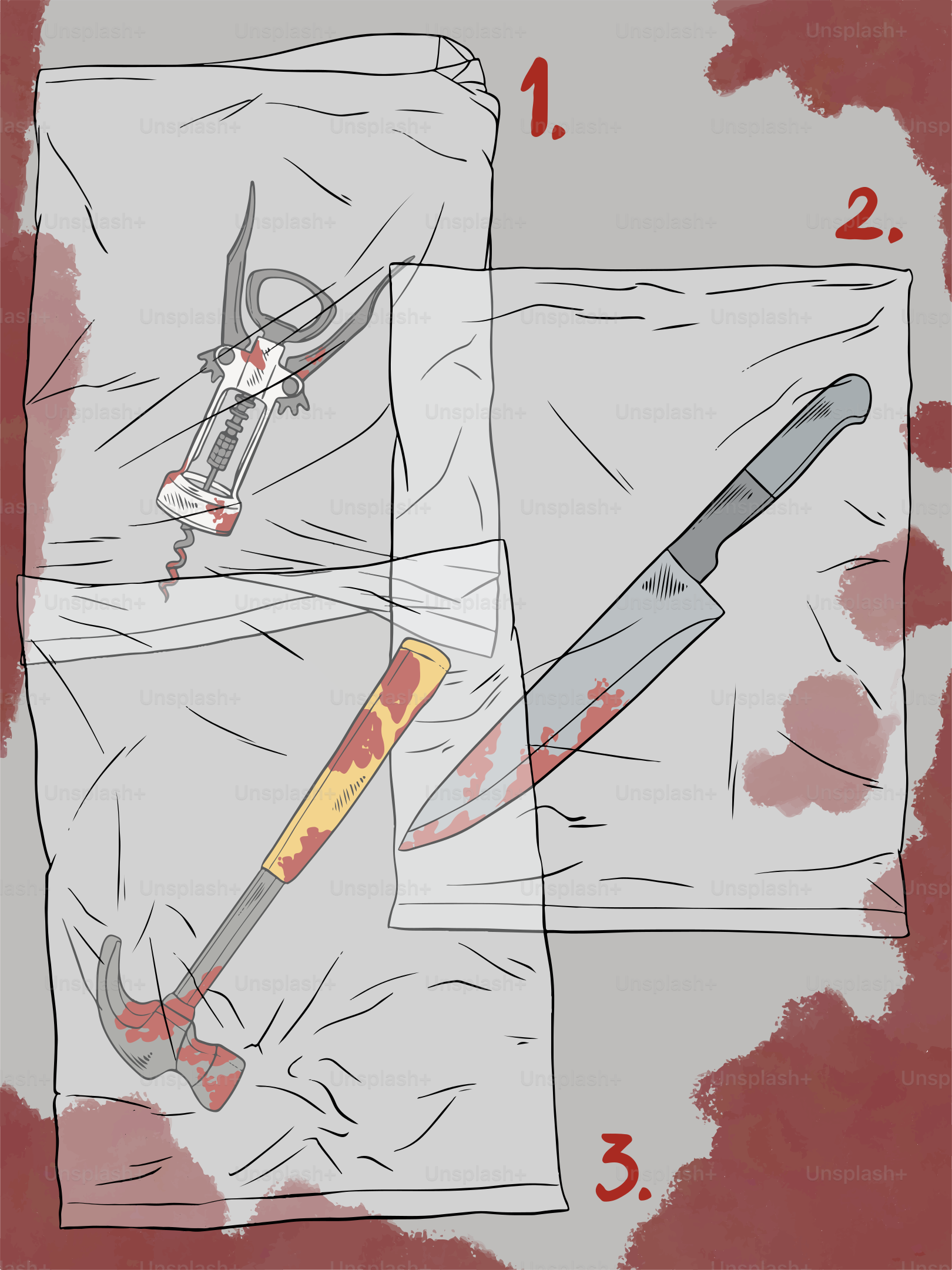 A drawing of a knife and a knife on a sheet