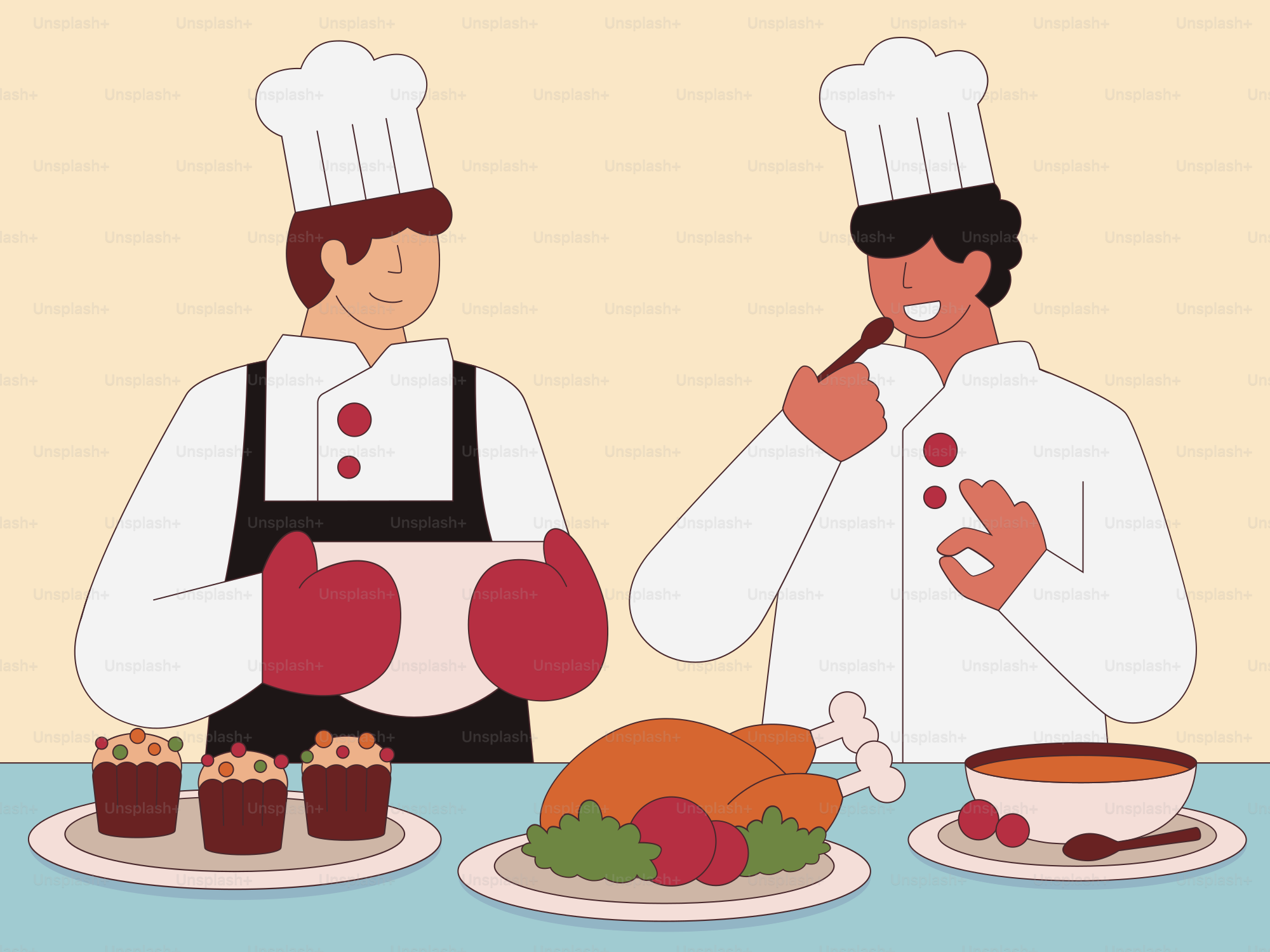 A couple of men standing next to each other in front of a table