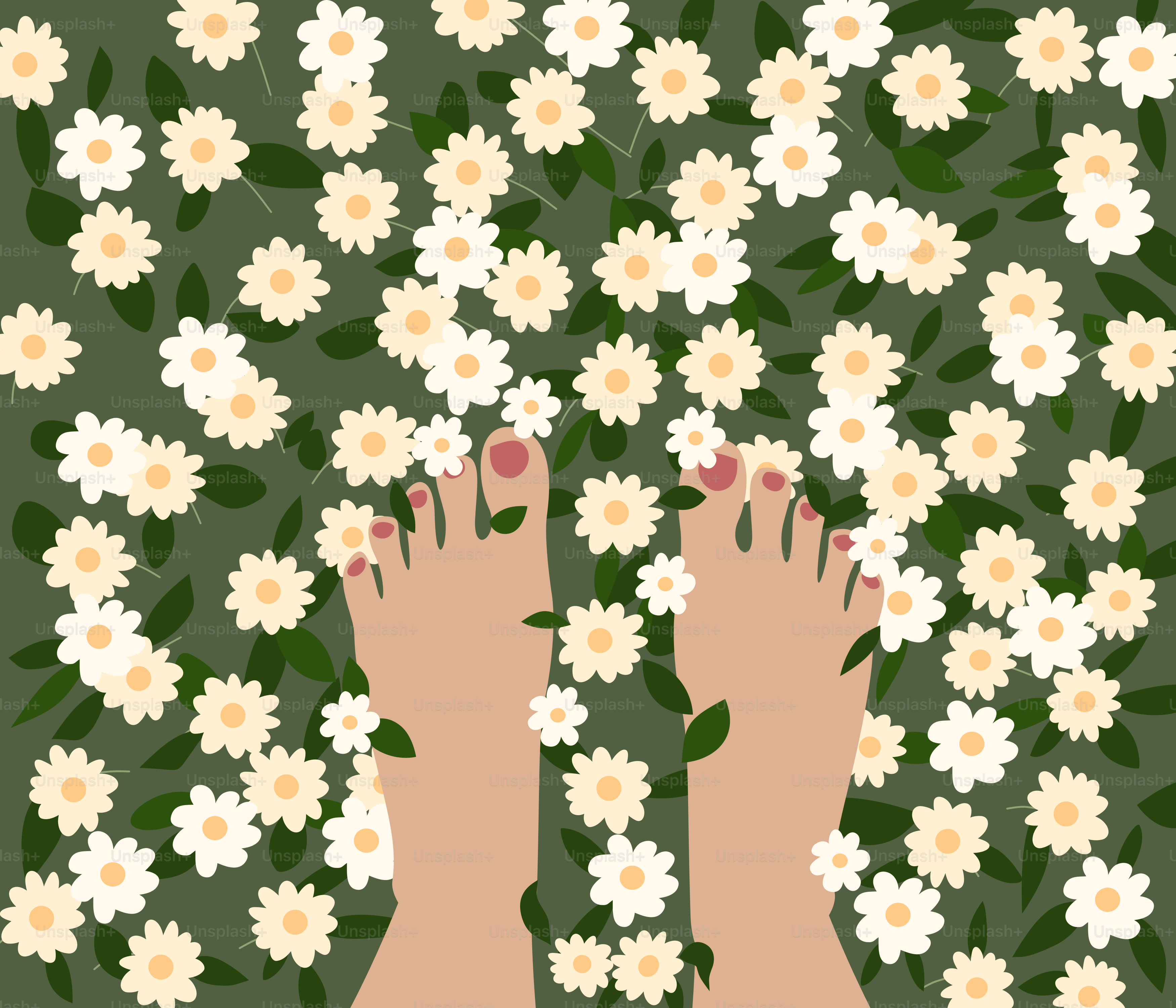 A pair of feet standing in a field of flowers