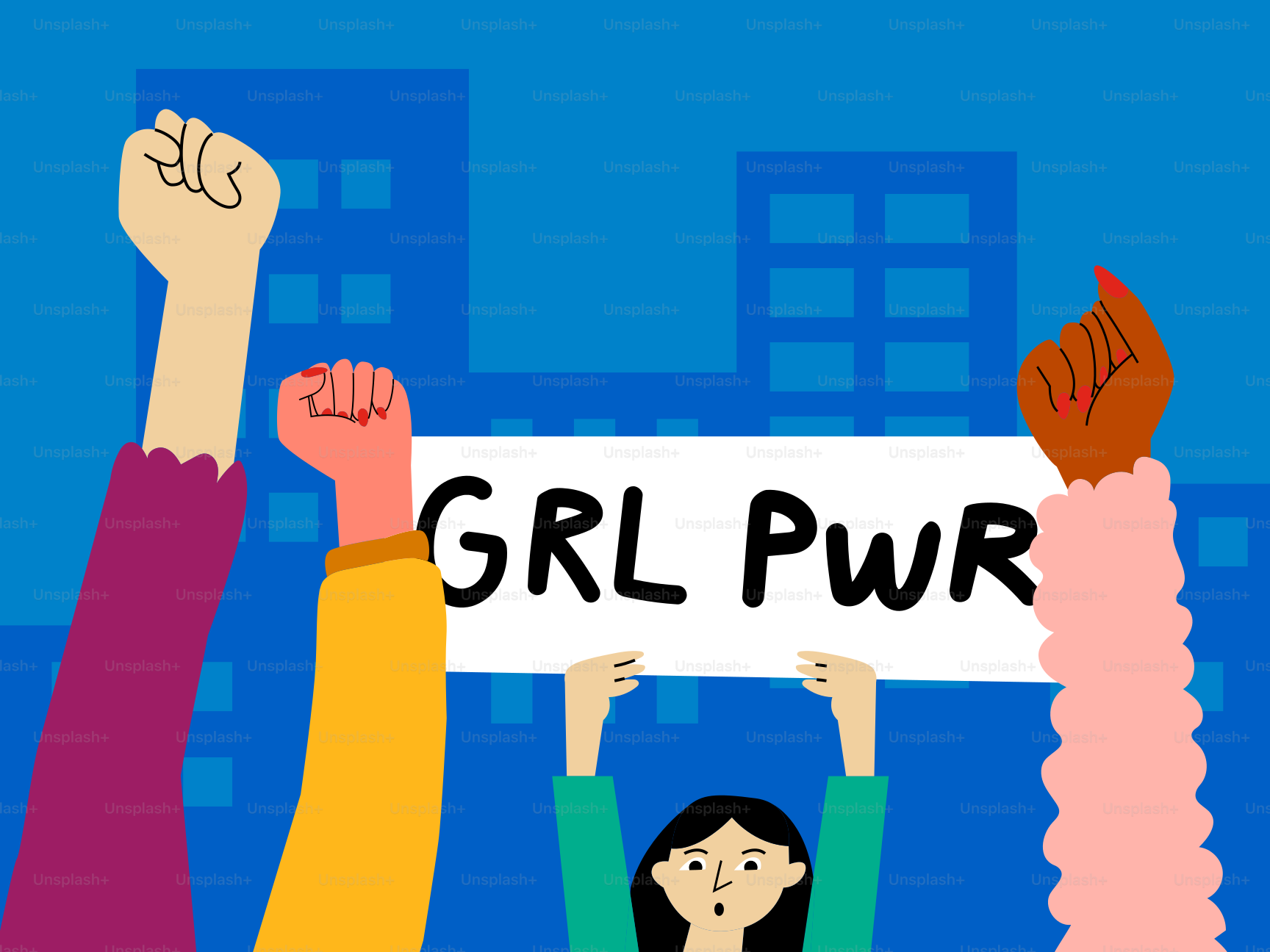 grl pwr이라고 적힌 팻말을 들고 있는 한 무리의 사람들