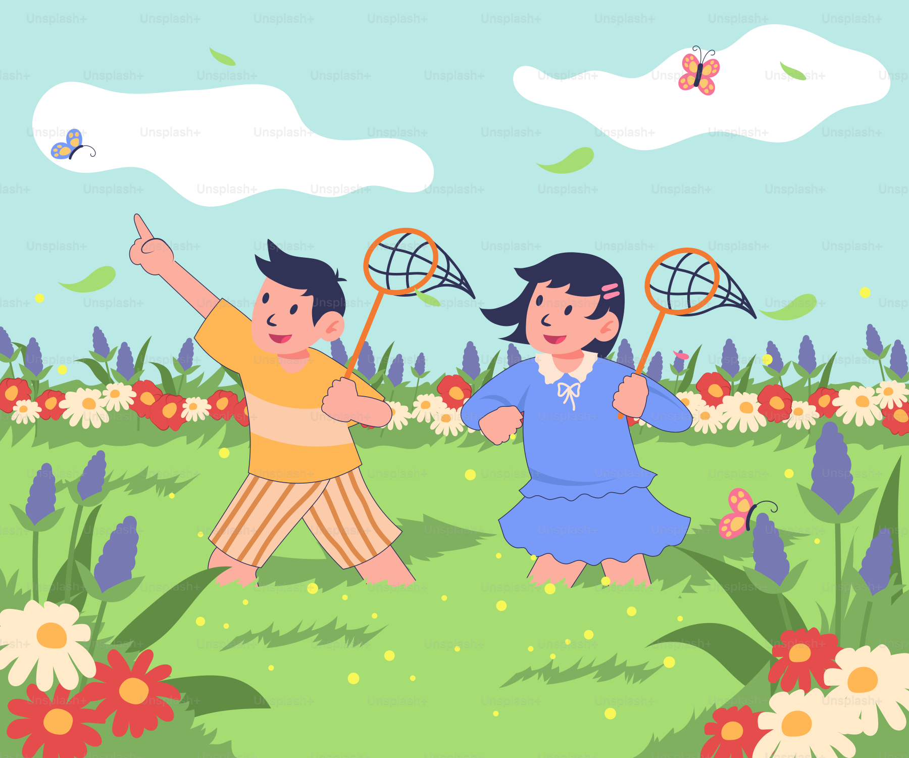 A boy and a girl playing in a field of flowers