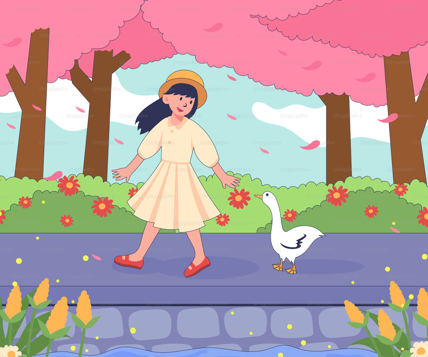 A woman walking down a street next to a white swan