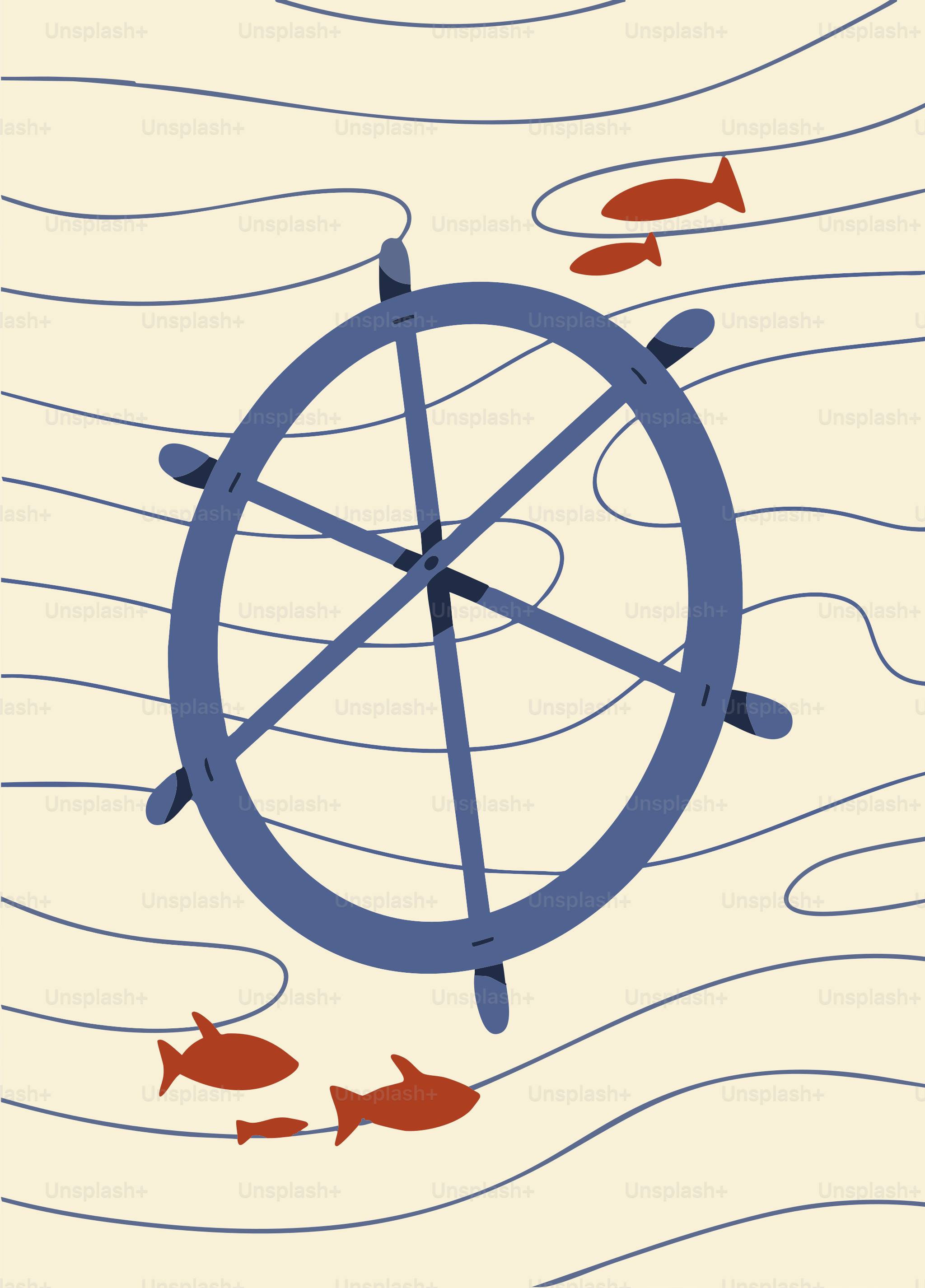 A drawing of a wheel with fish swimming around it