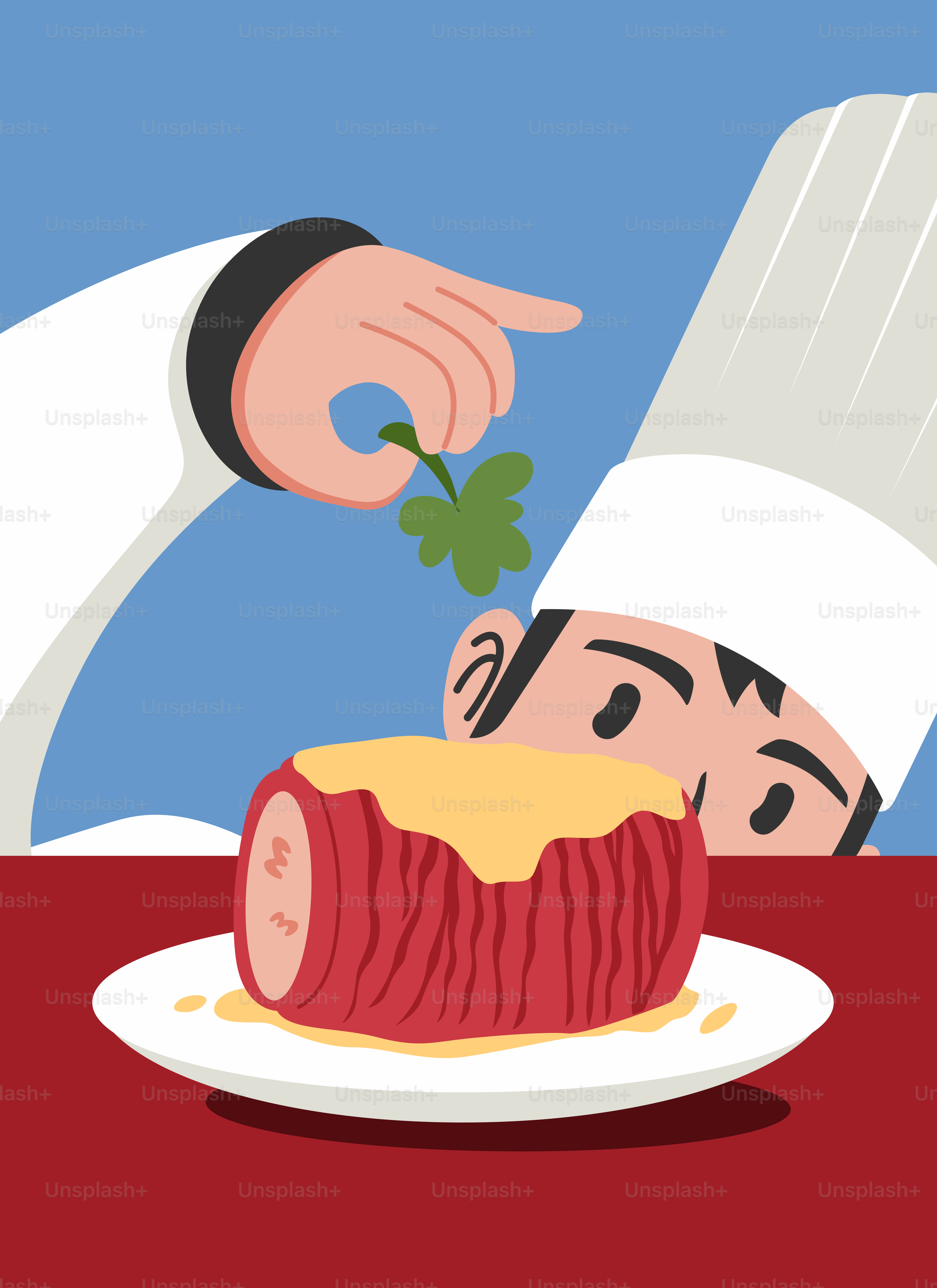 Ein Koch legt ein Stück Fleisch auf einen Teller