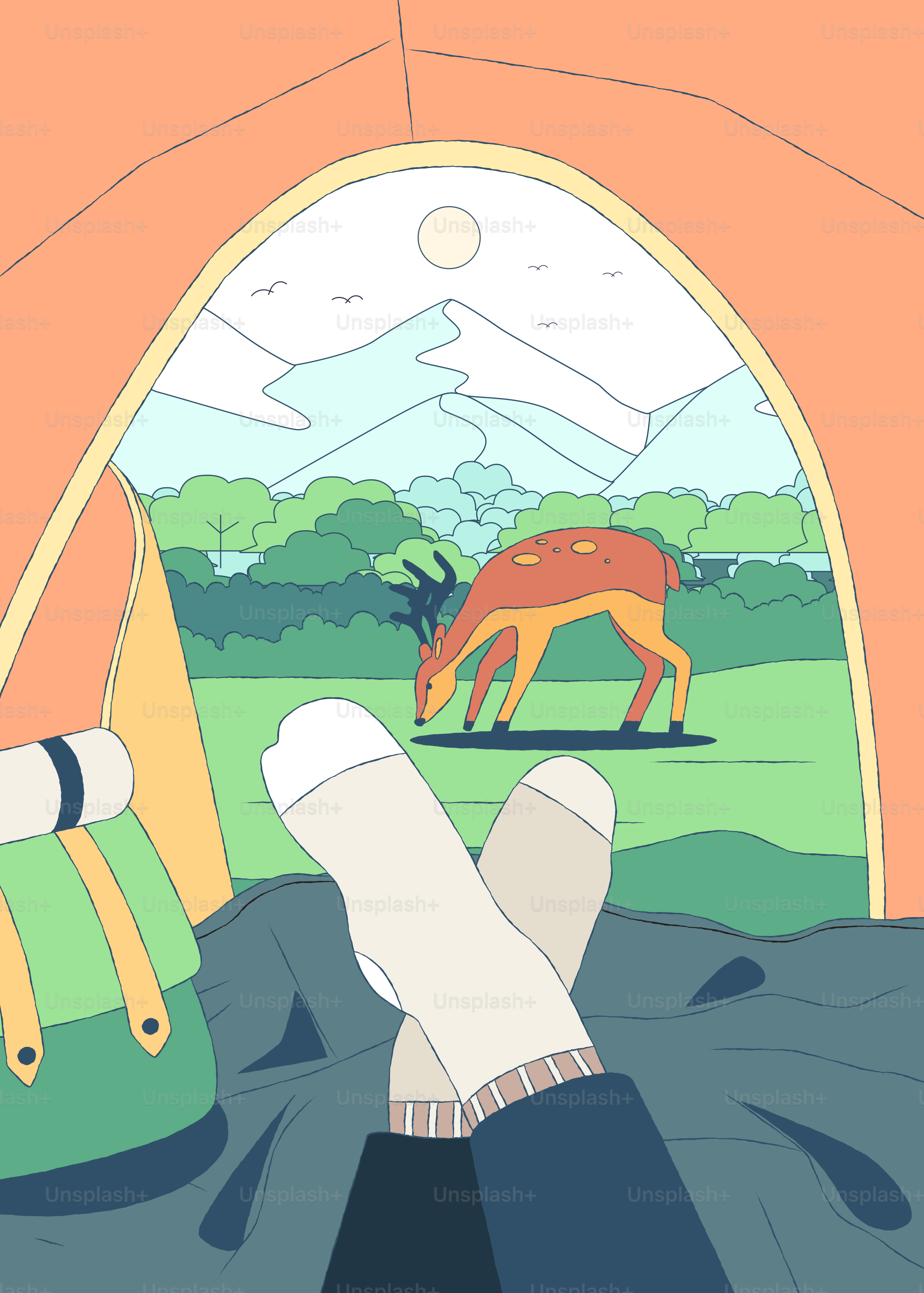 A person laying in a tent with a deer in the background