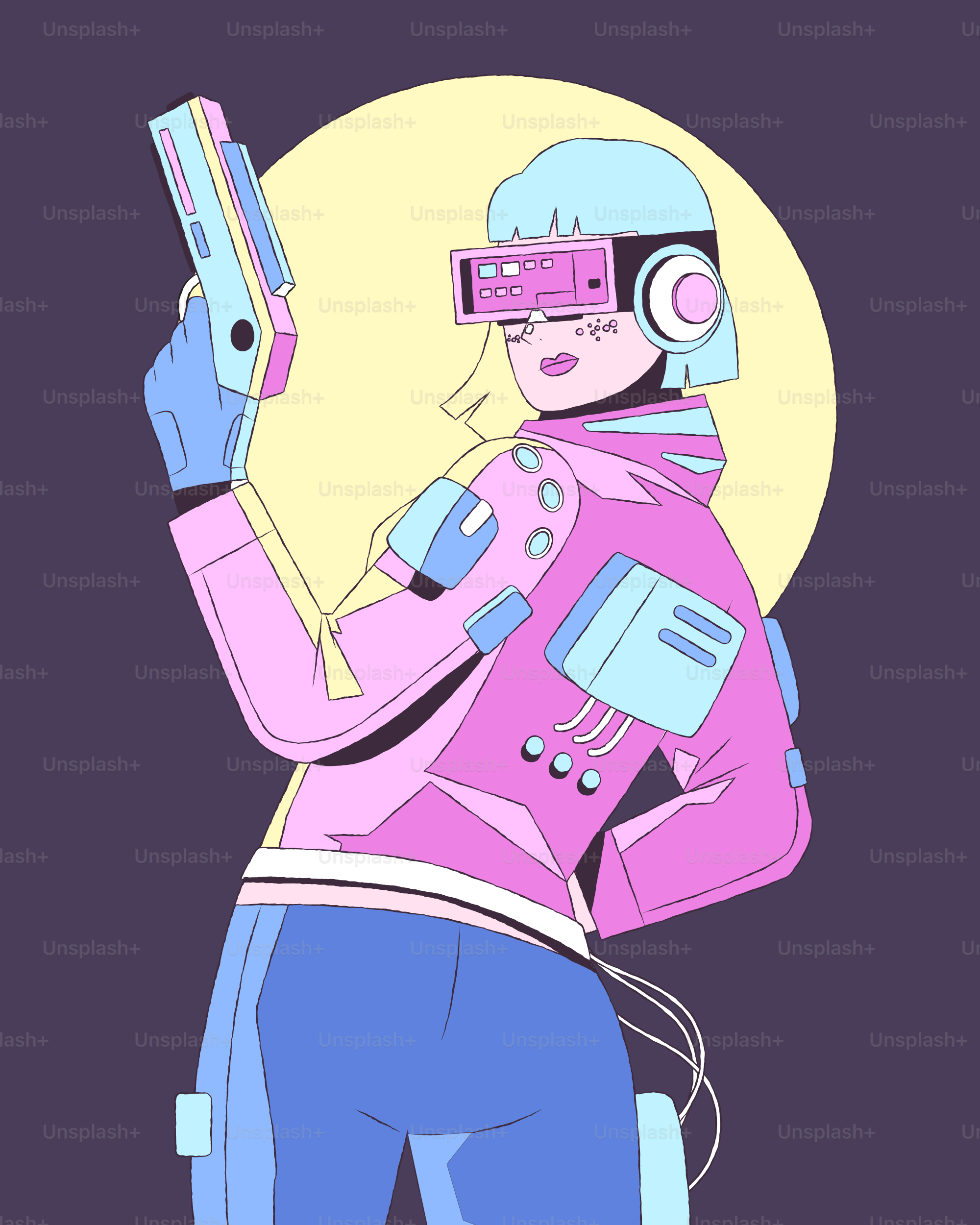 Une femme armée d’une arme et d’un casque tenant une manette de jeu vidéo