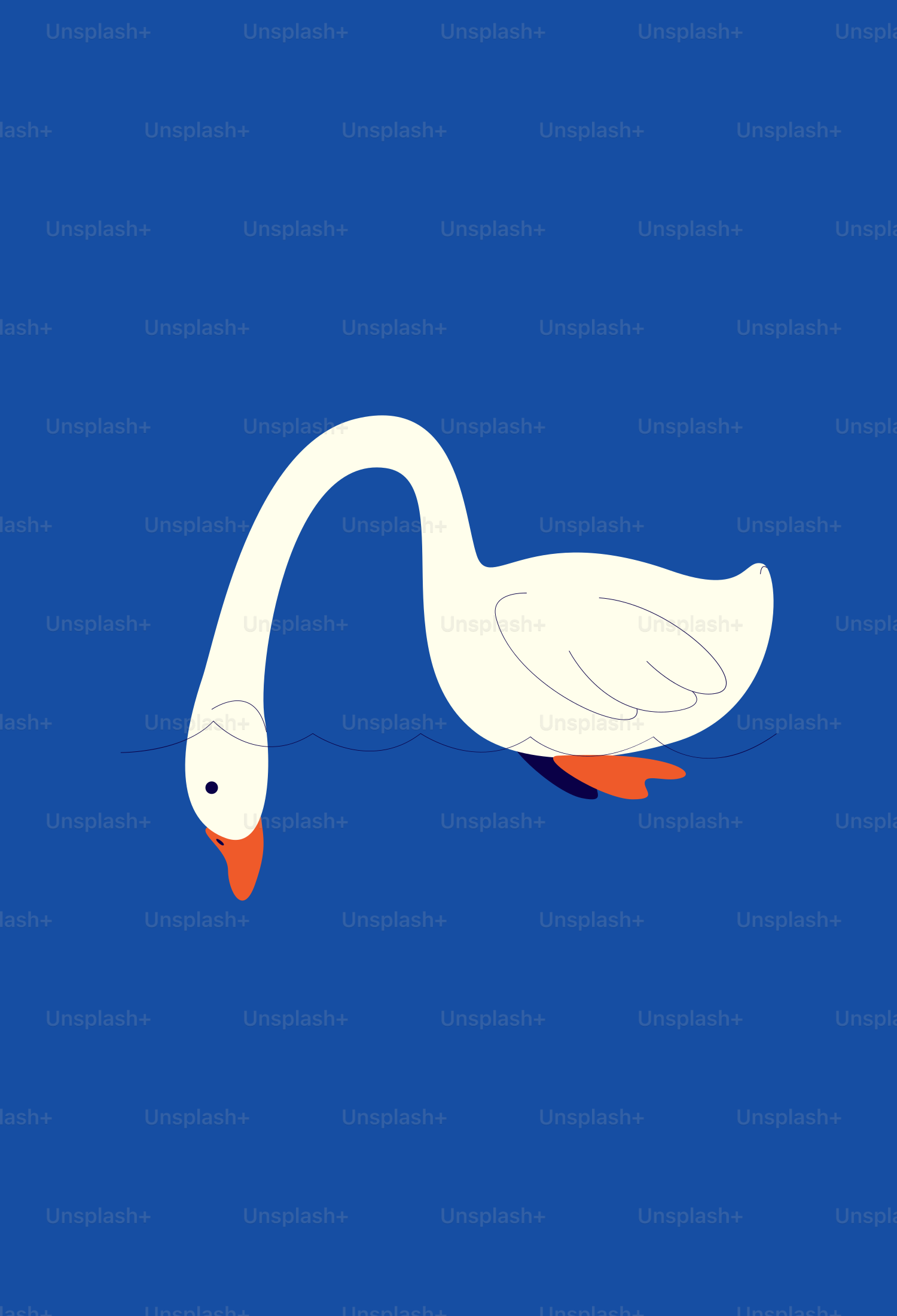 A white swan floating on top of a blue background