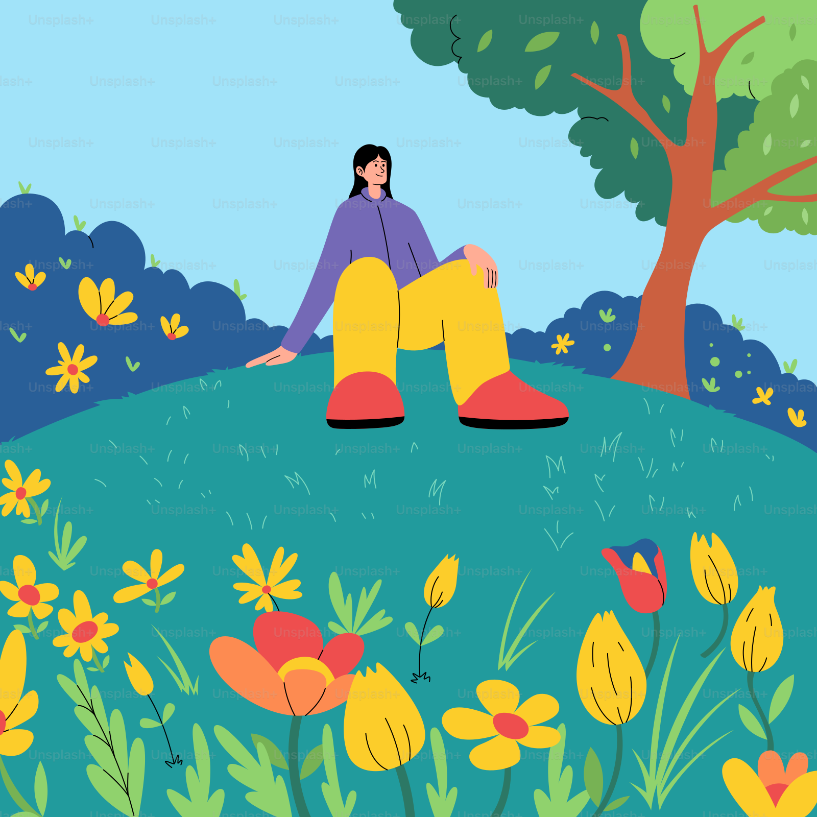 花に囲まれた丘の上に座る人