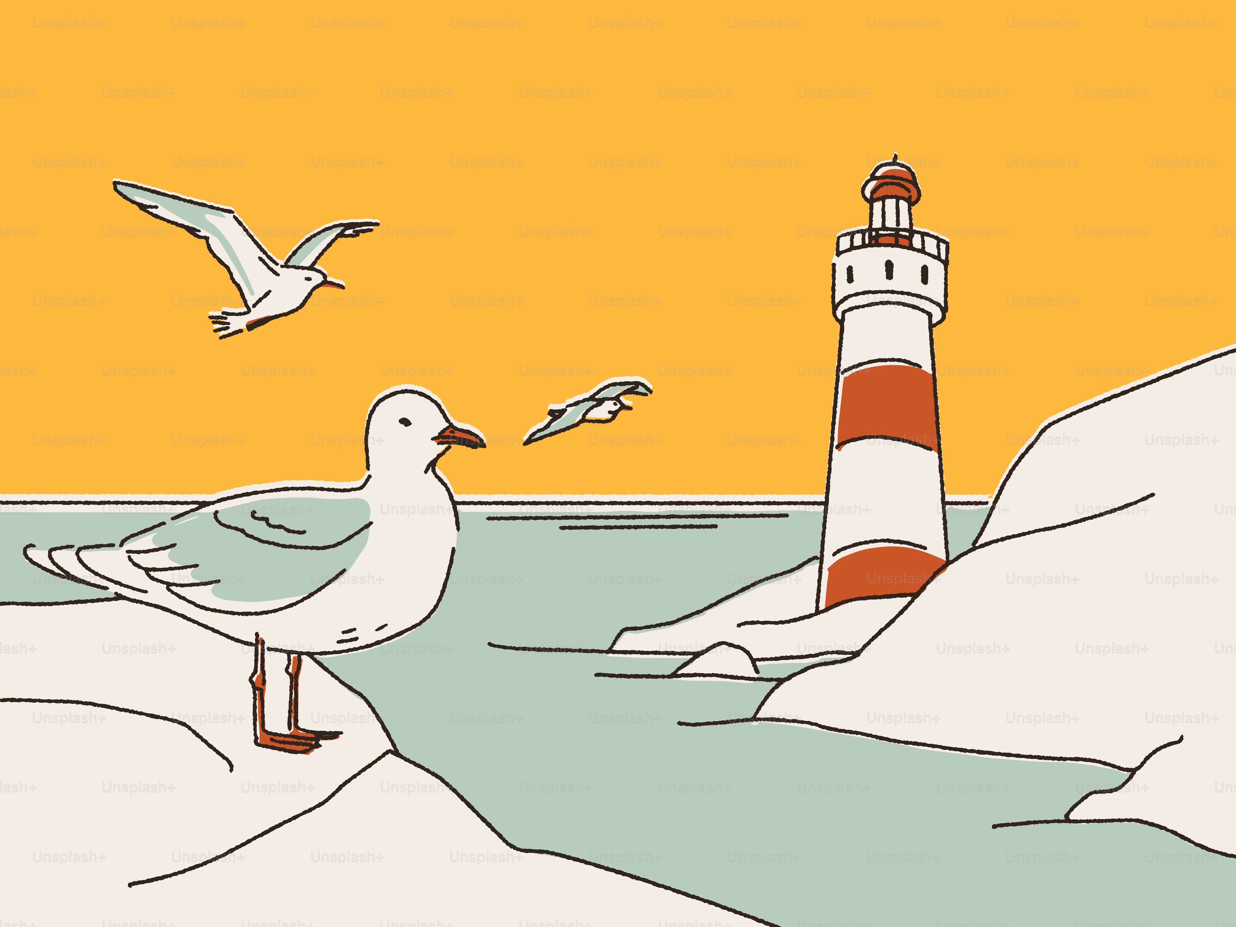 A picture of a lighthouse and seagulls in the snow