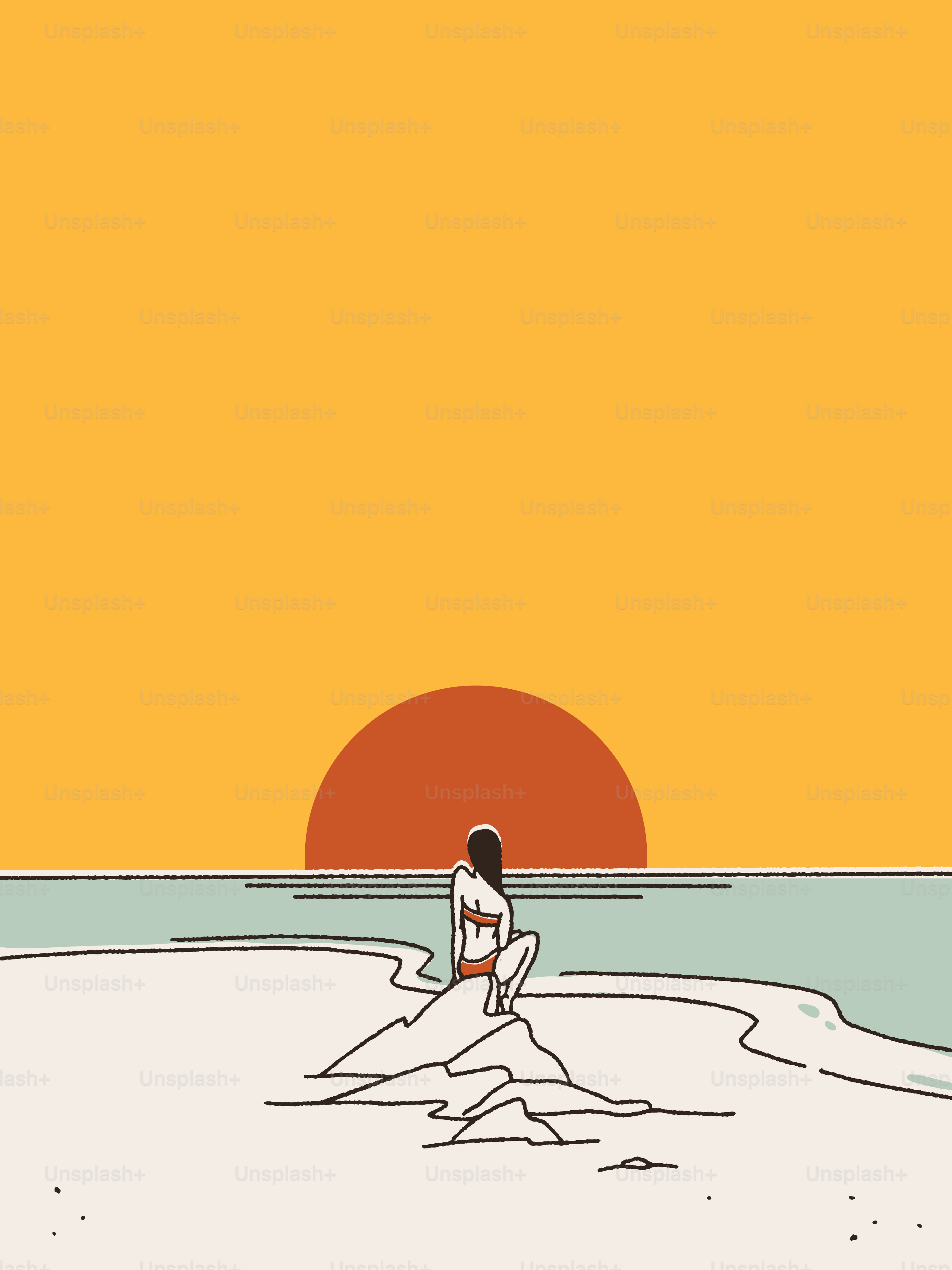 A woman sitting on a beach in front of the sun