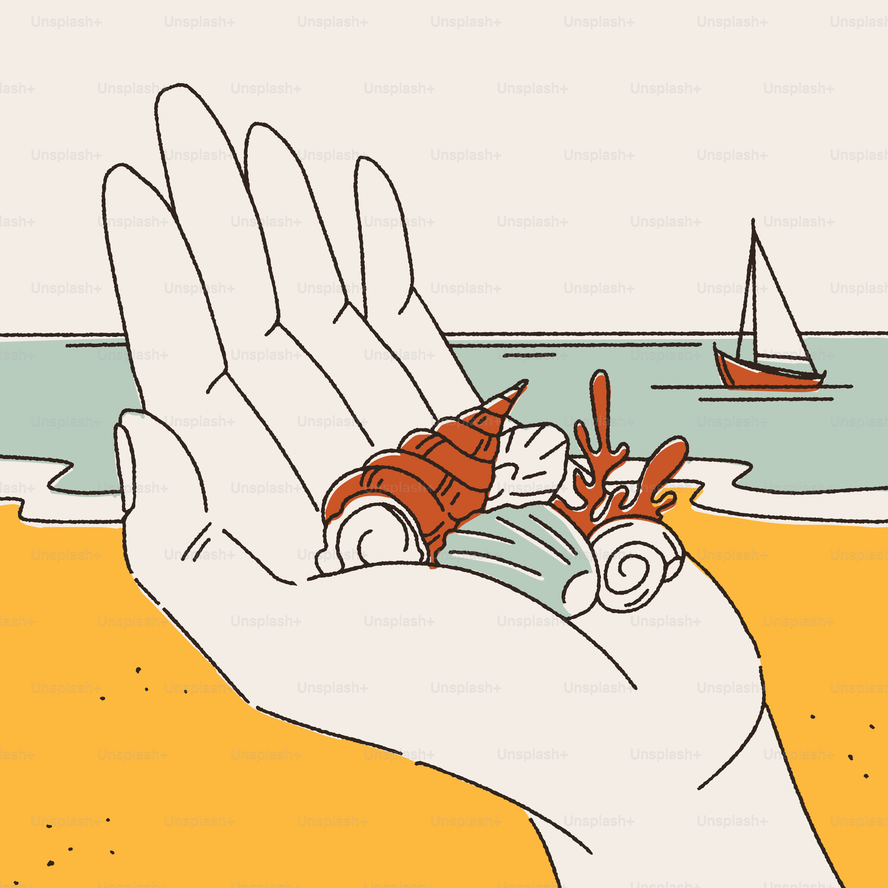 A drawing of a hand holding a crab on a beach