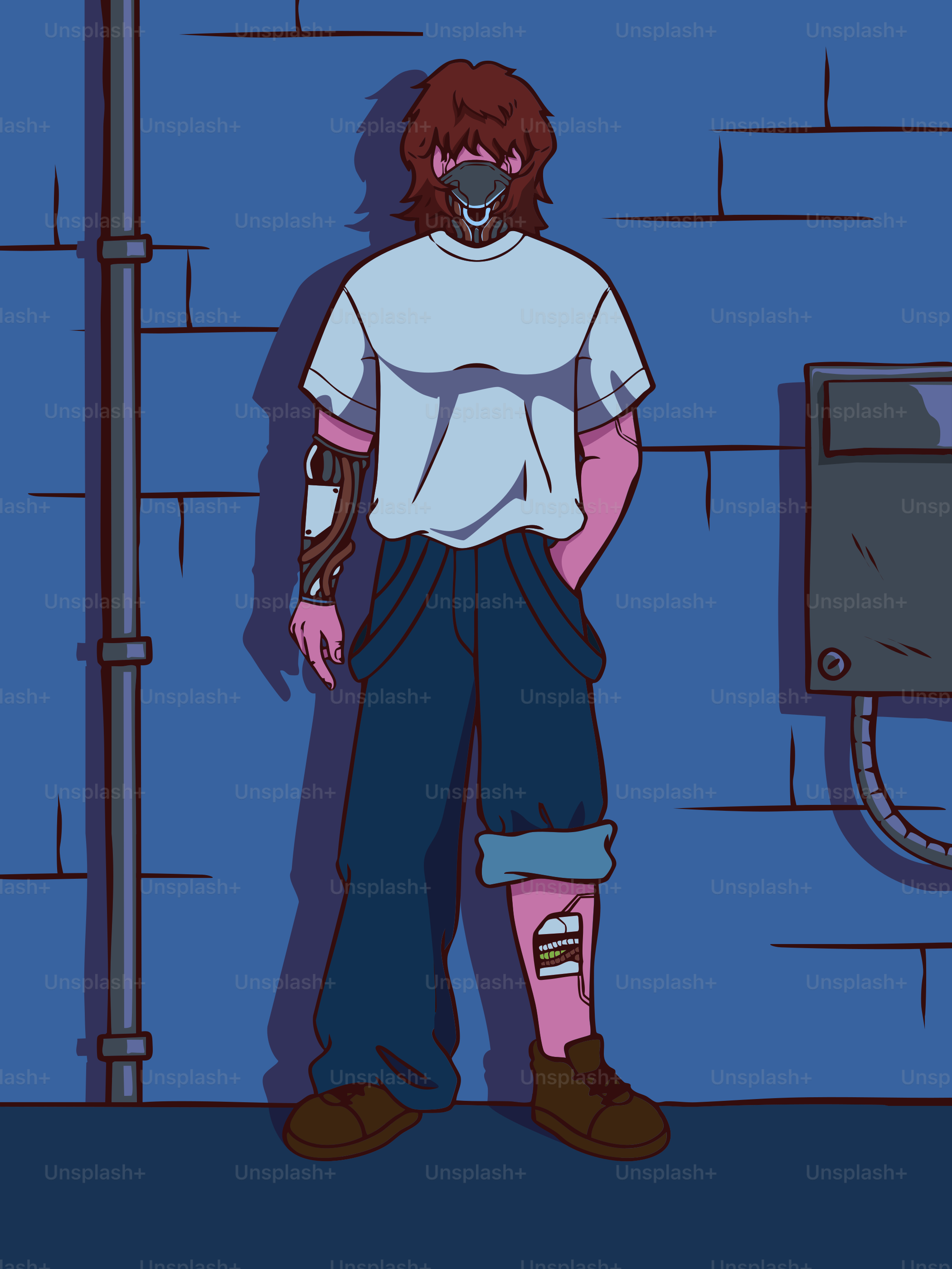 A person standing in front of a blue wall