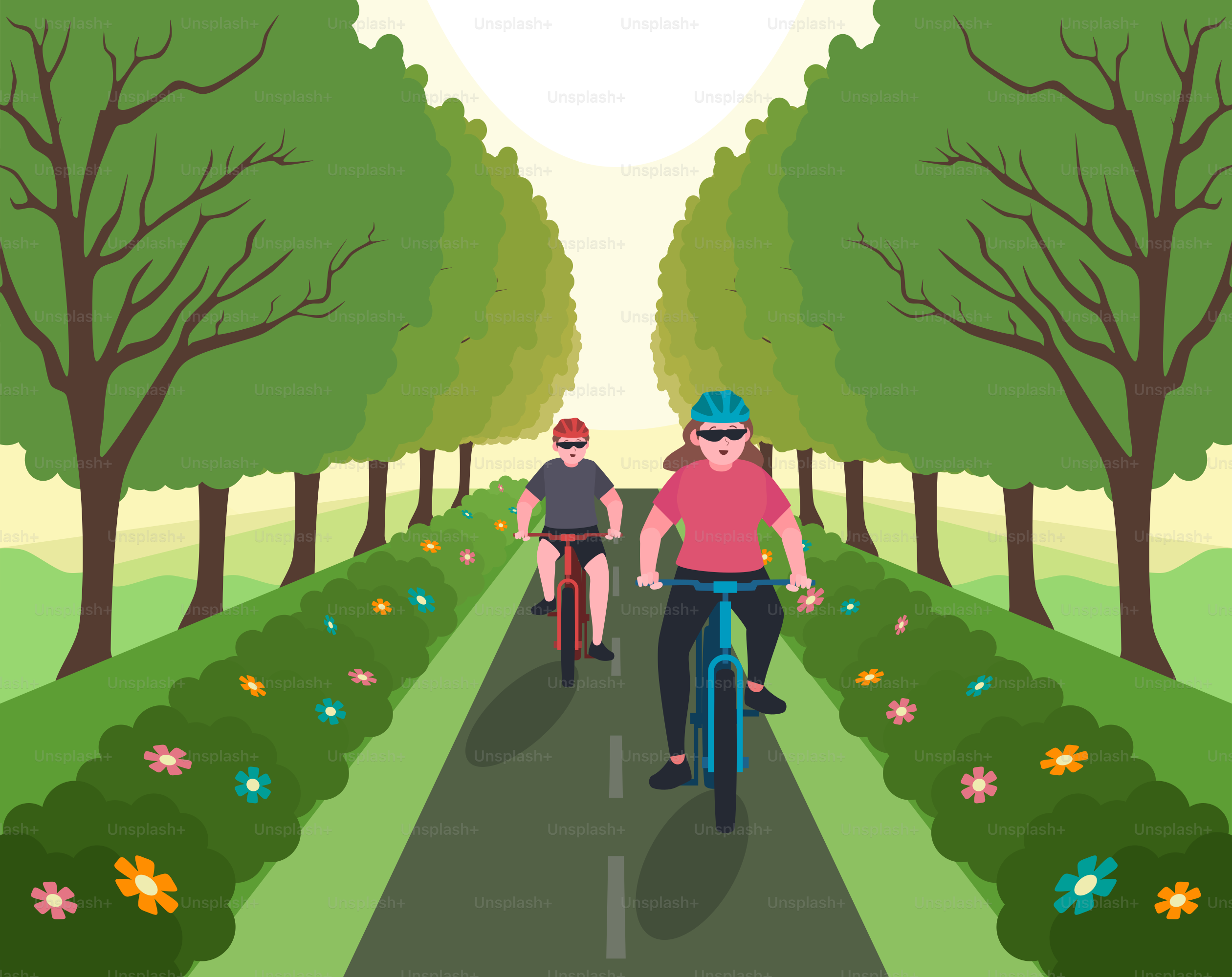 A couple of people riding bikes down a road