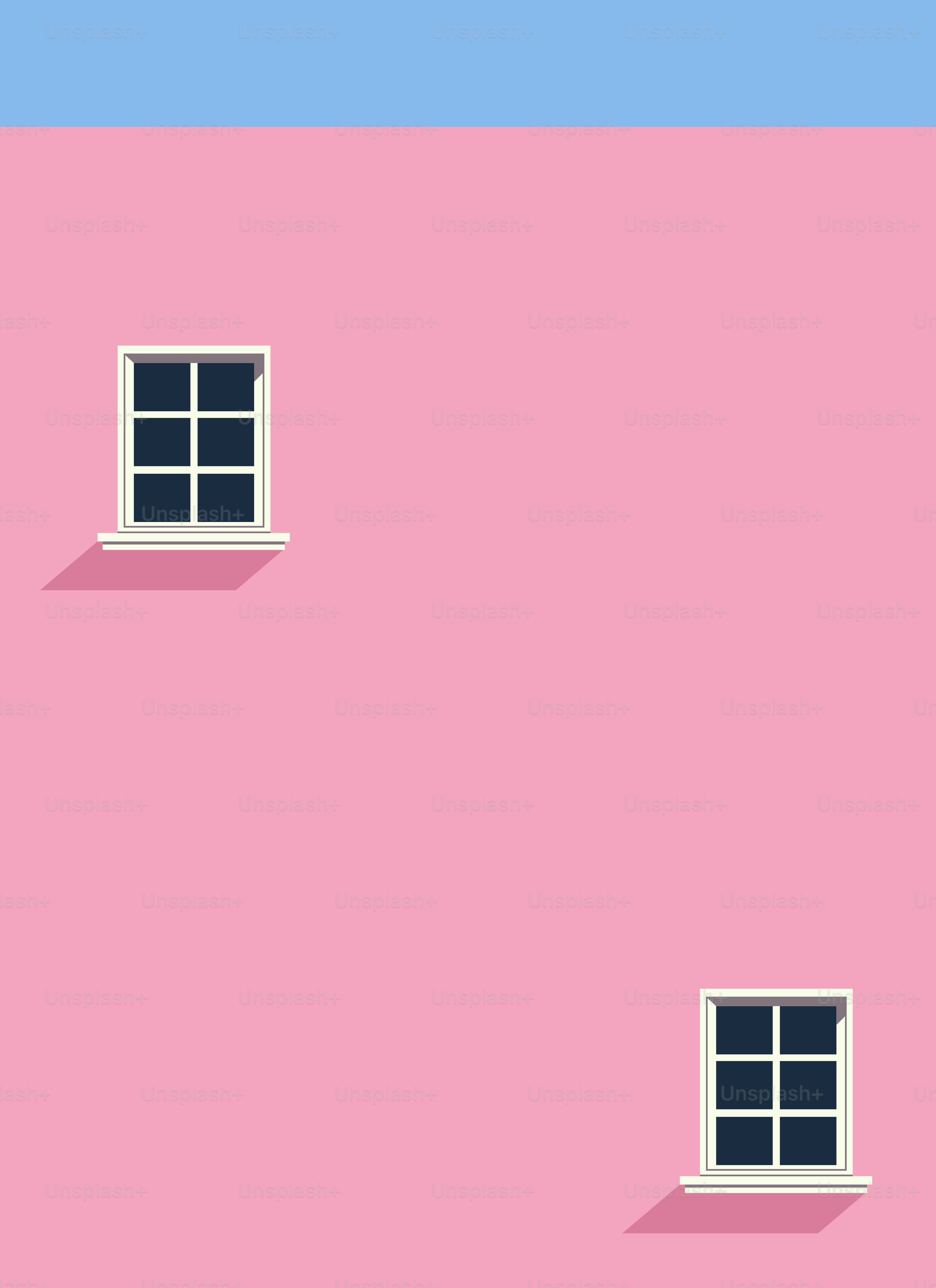 A pink house with two windows and a blue door