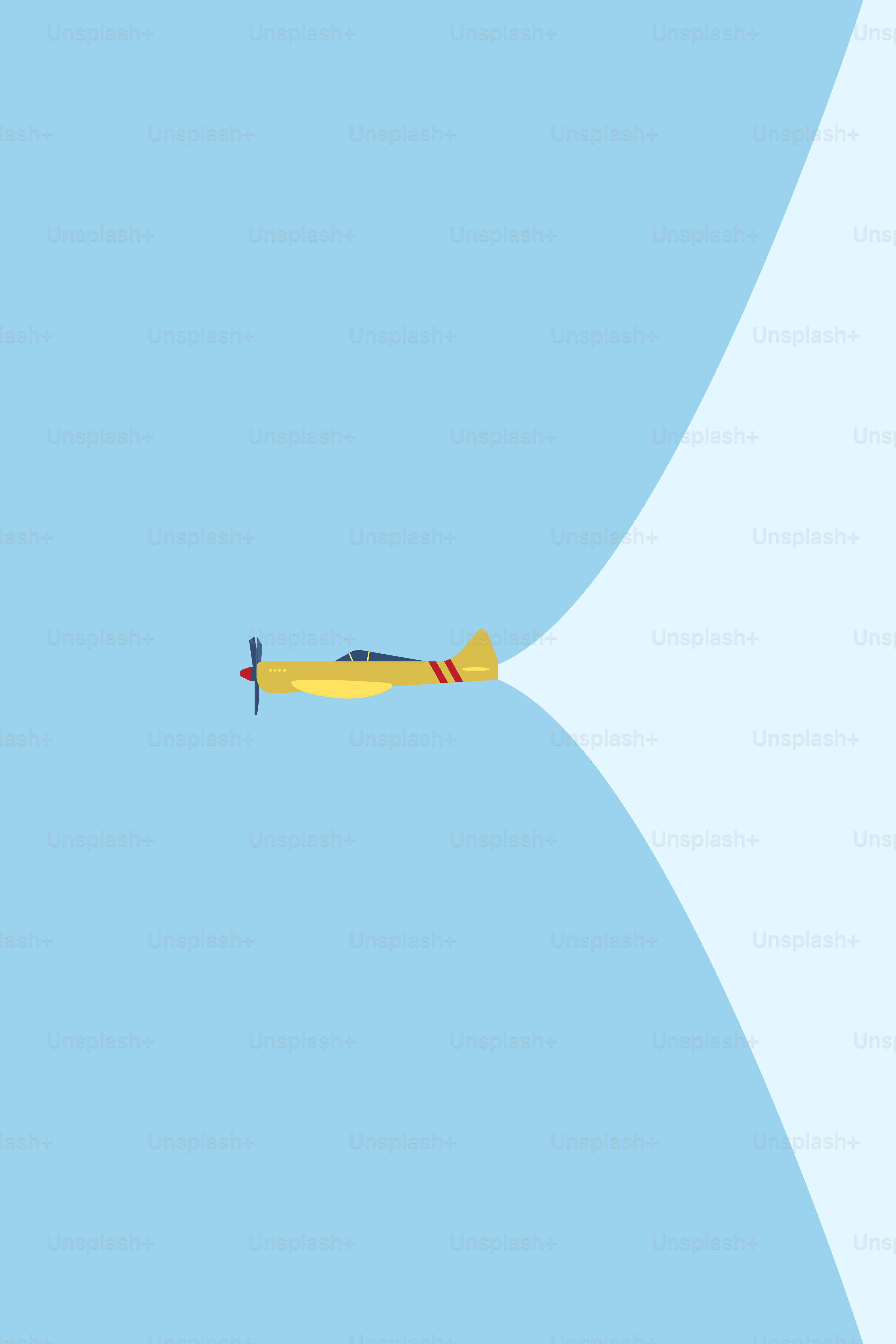 A yellow airplane flying through a blue sky