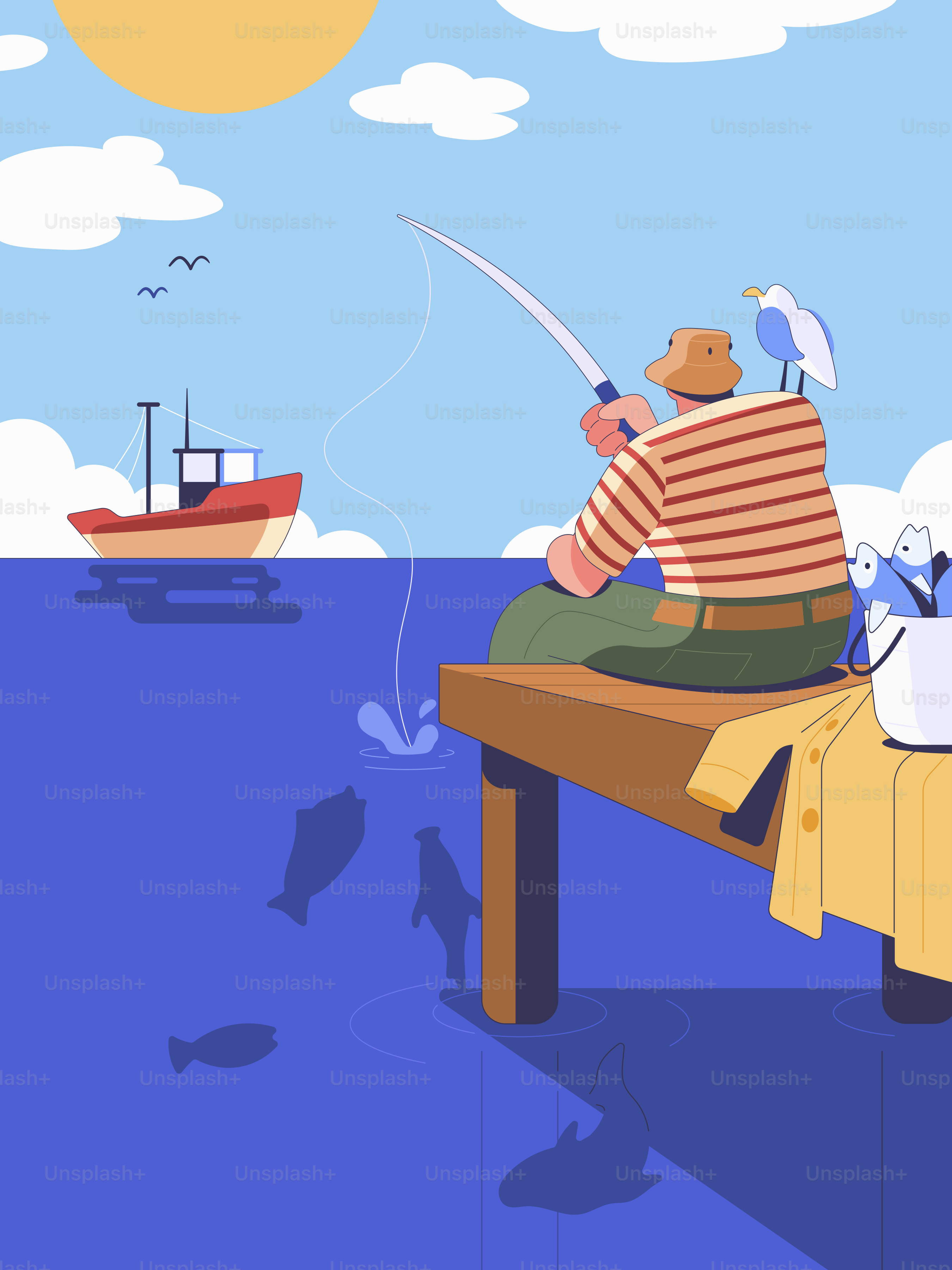 Ein Mann, der auf einer Bank im Meer angelt