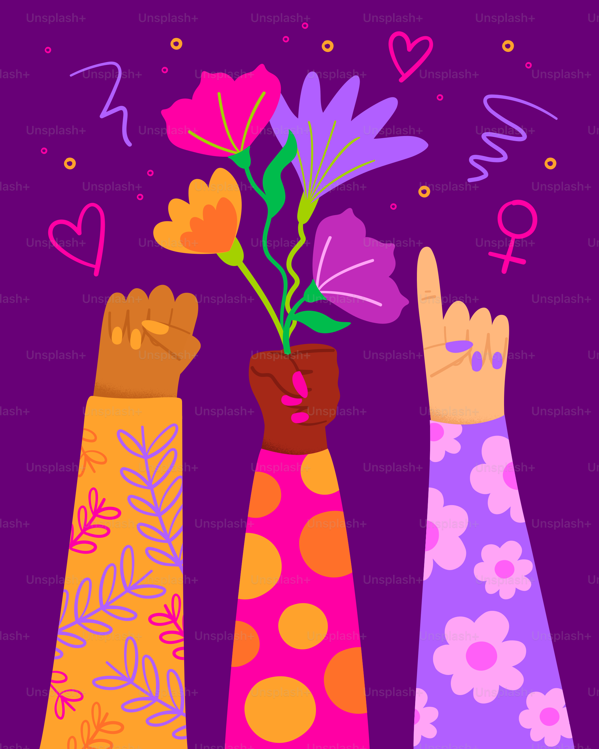 Tres flores de colores en un jarrón sobre un fondo púrpura