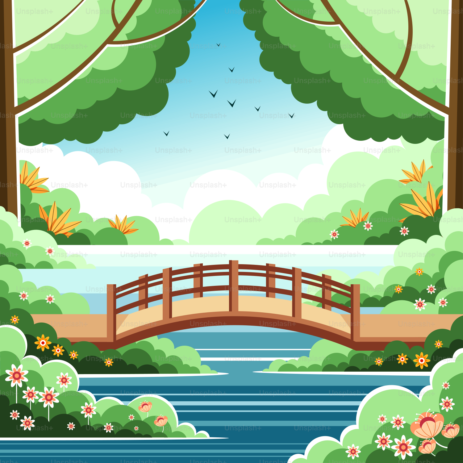 A bridge over a body of water surrounded by trees