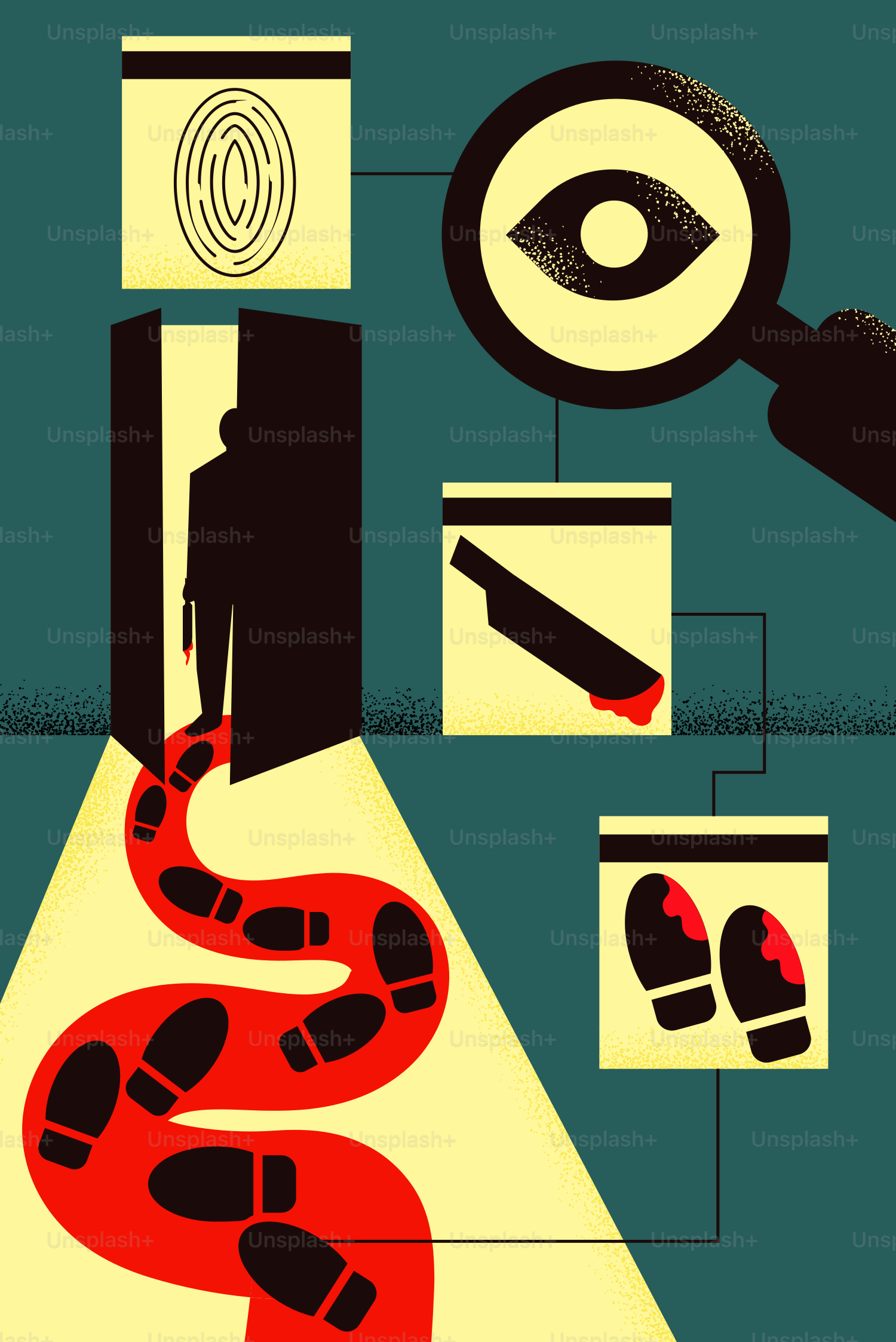 Une affiche avec un serpent rouge et une loupe