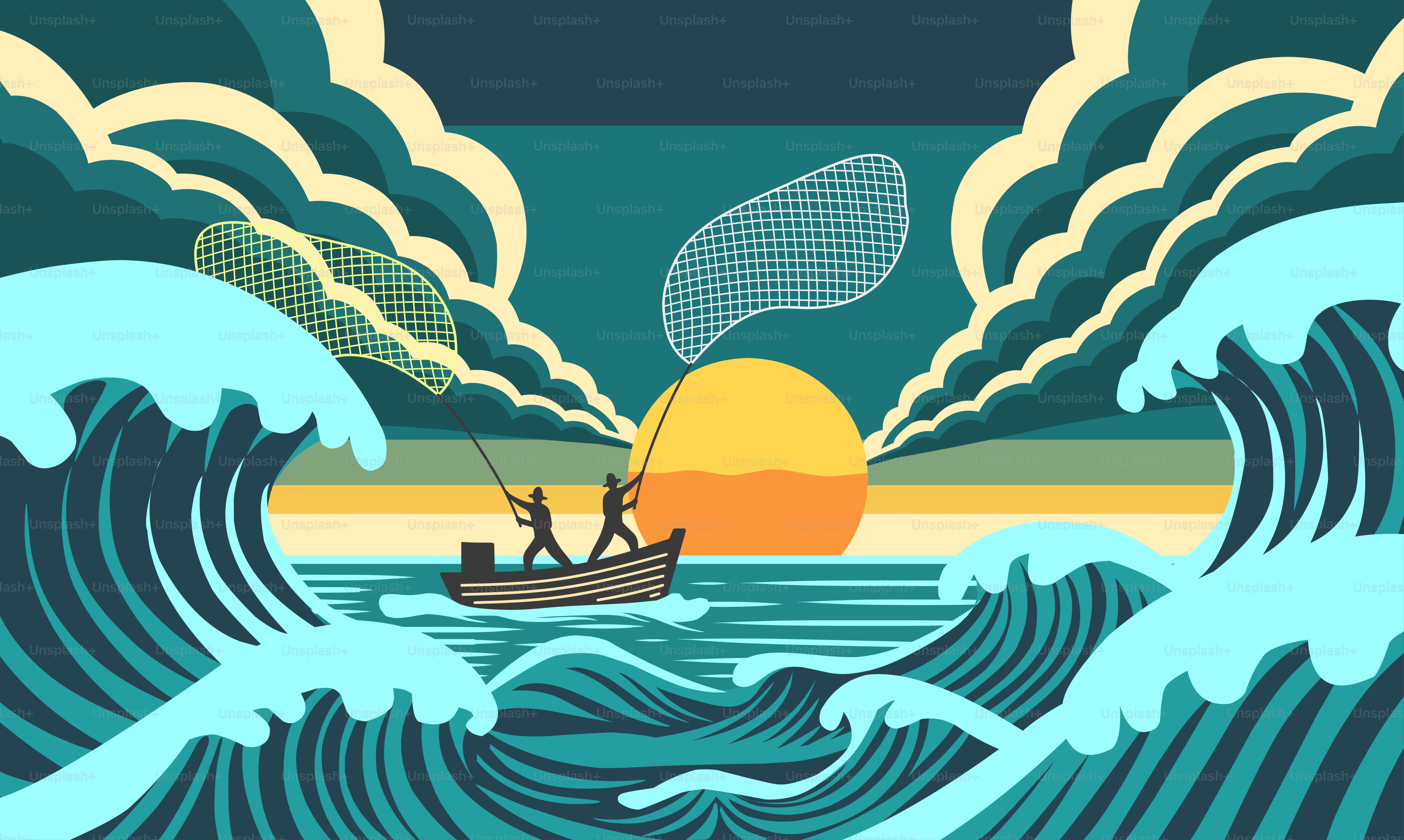 Ein Gemälde eines Mannes in einem Boot auf einer Welle