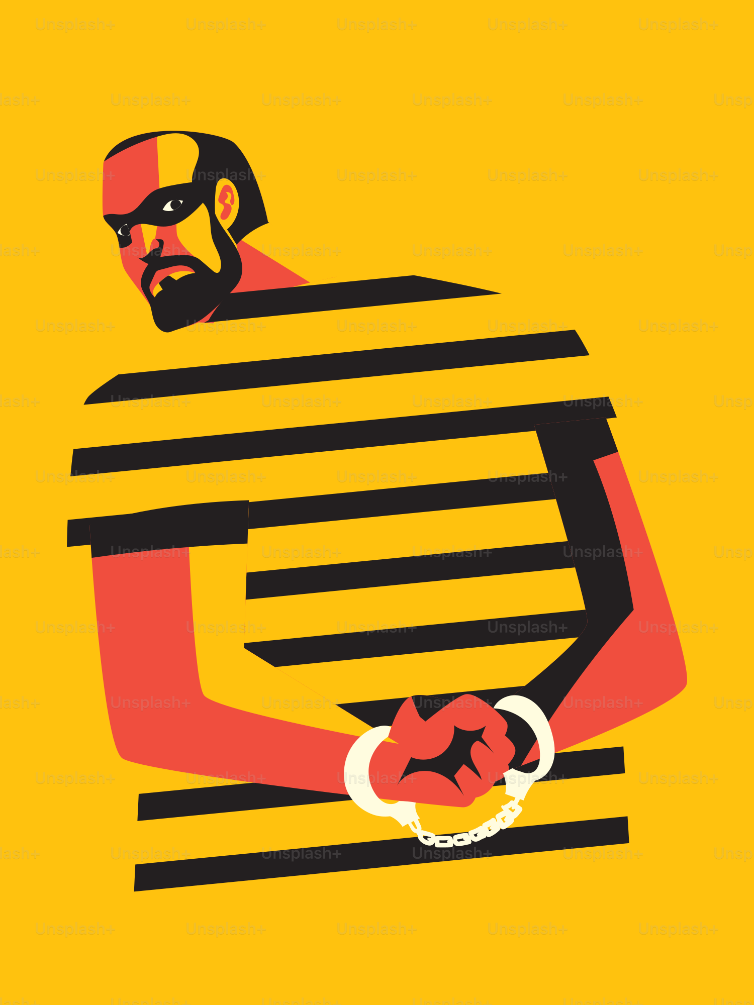 Un homme barbe et moustache dans une cellule de prison