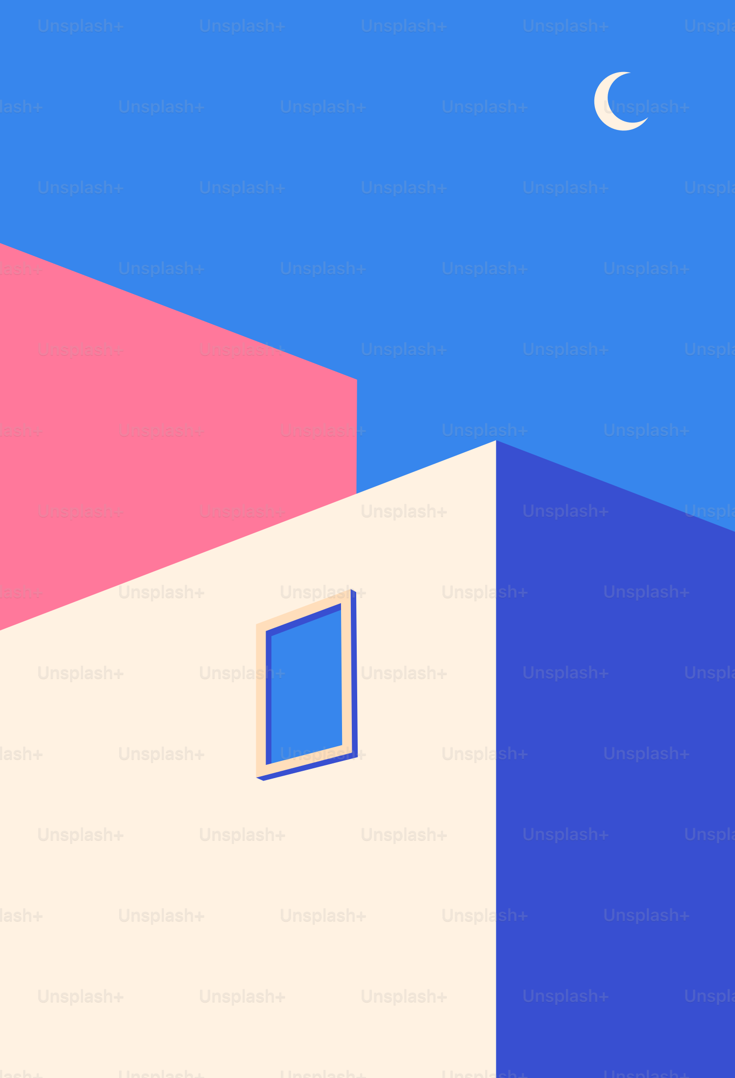 A pink and blue building with a half moon in the sky