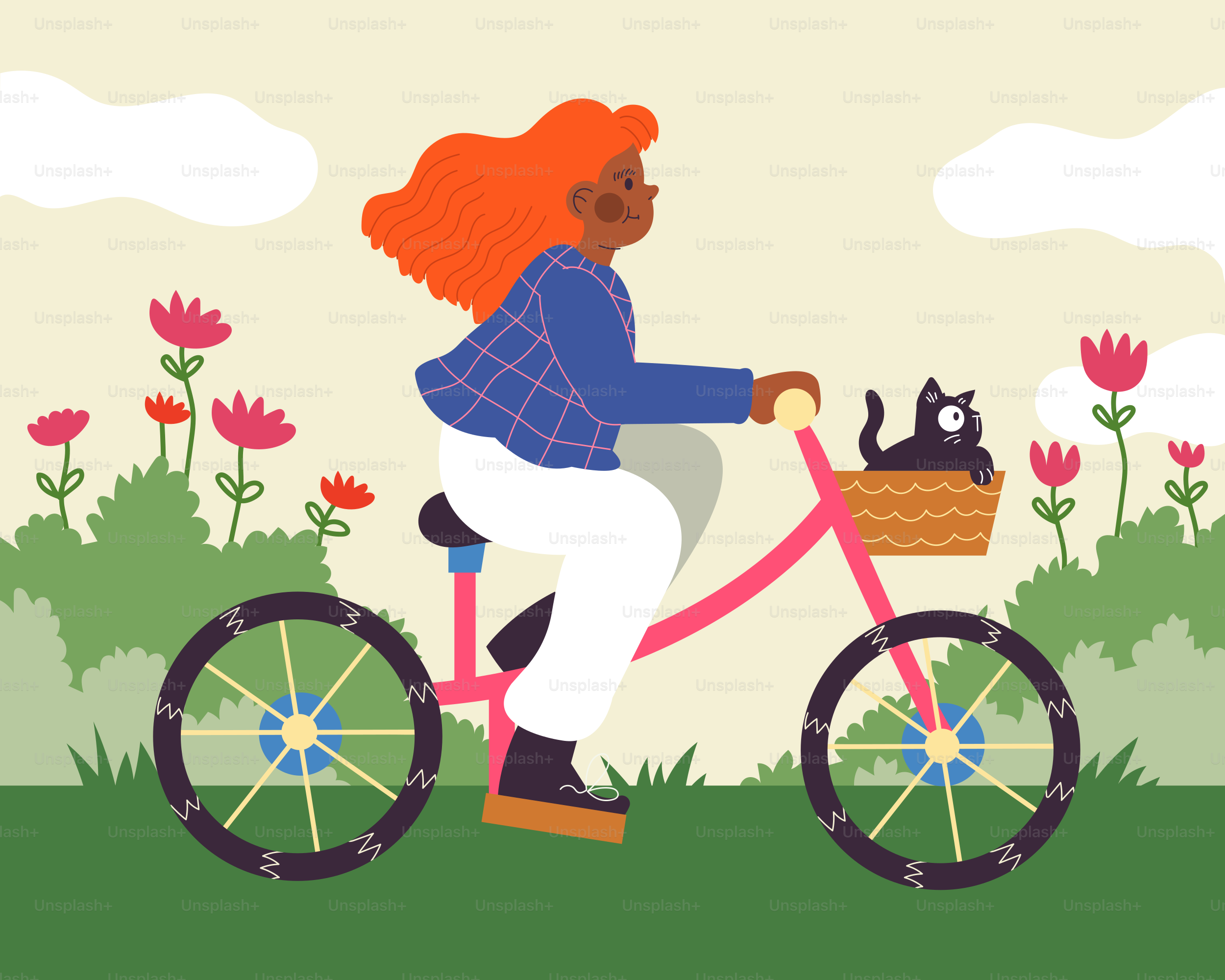 A woman riding a bike with a cat in a basket