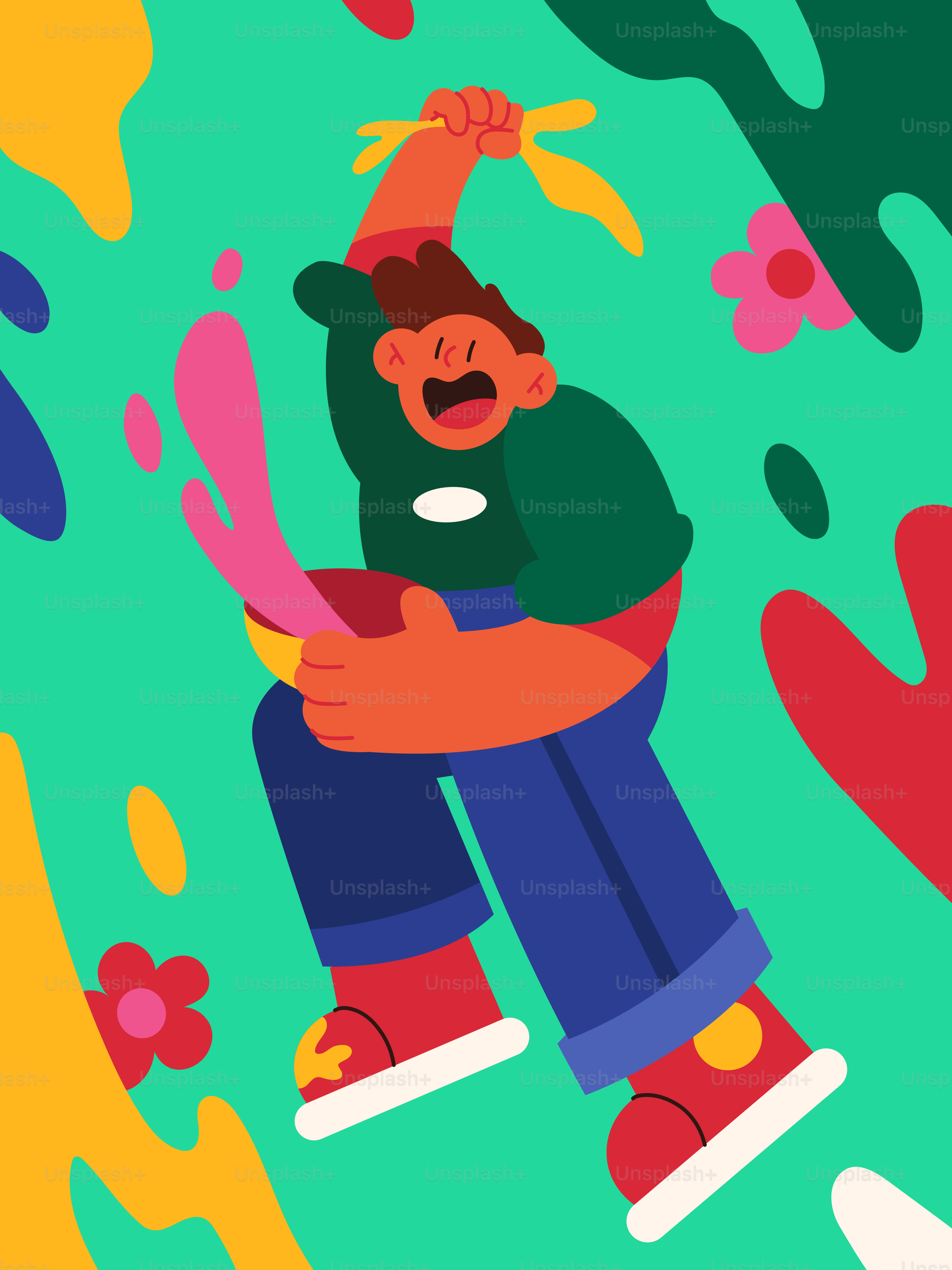 A man sitting on top of a colorful background