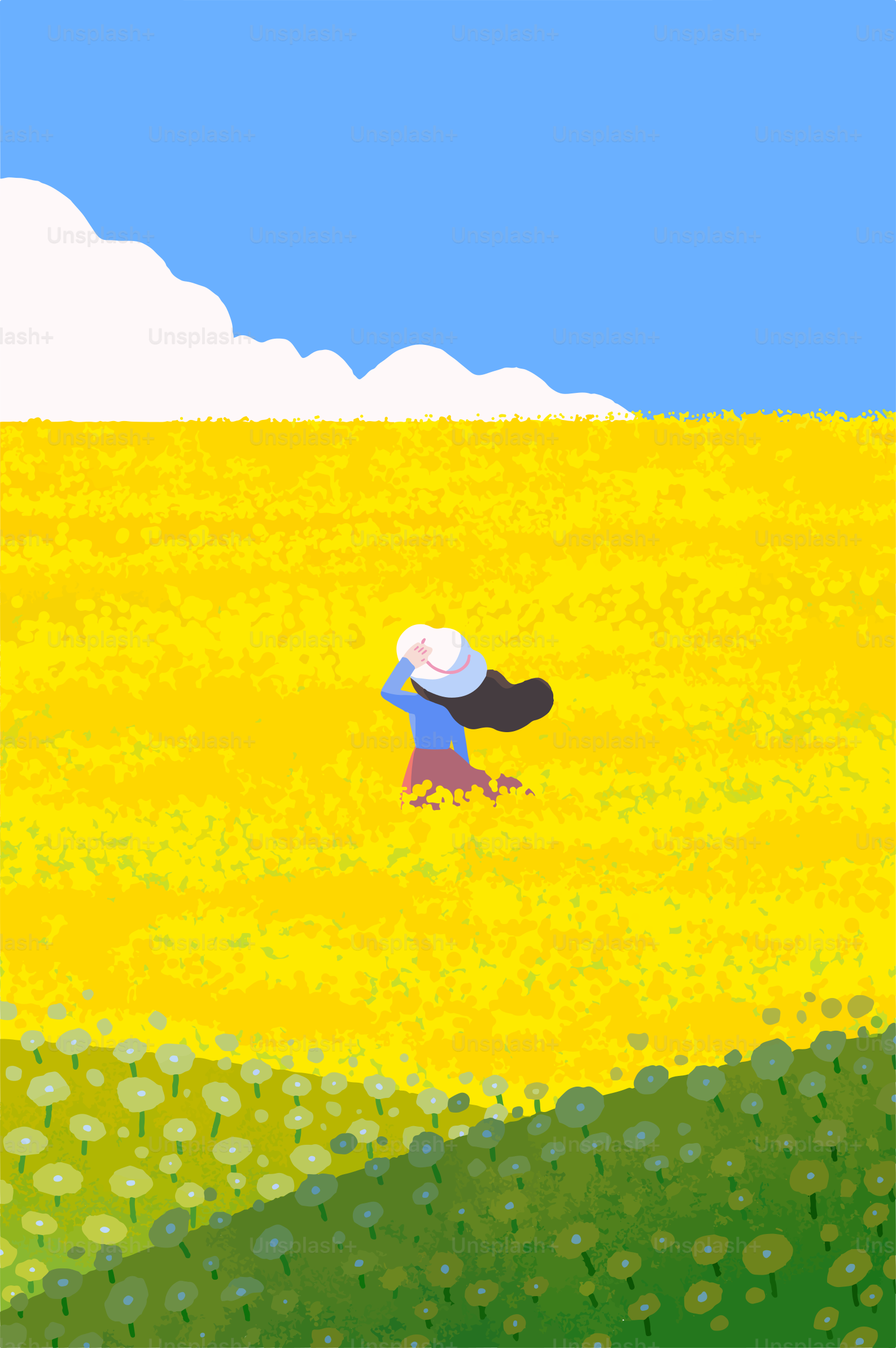 A painting of a woman walking through a field