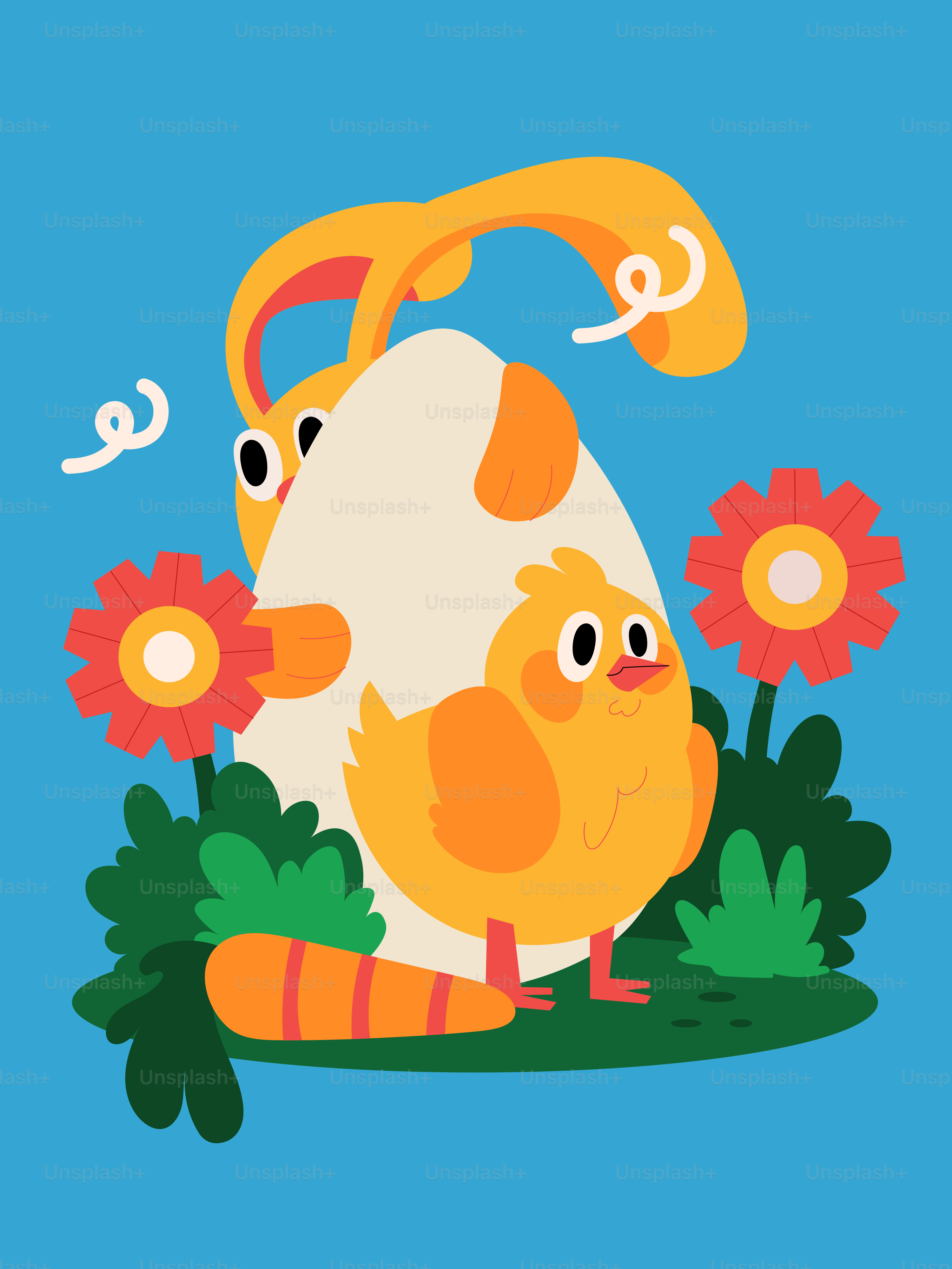 A cartoon chicken sitting in a field of flowers