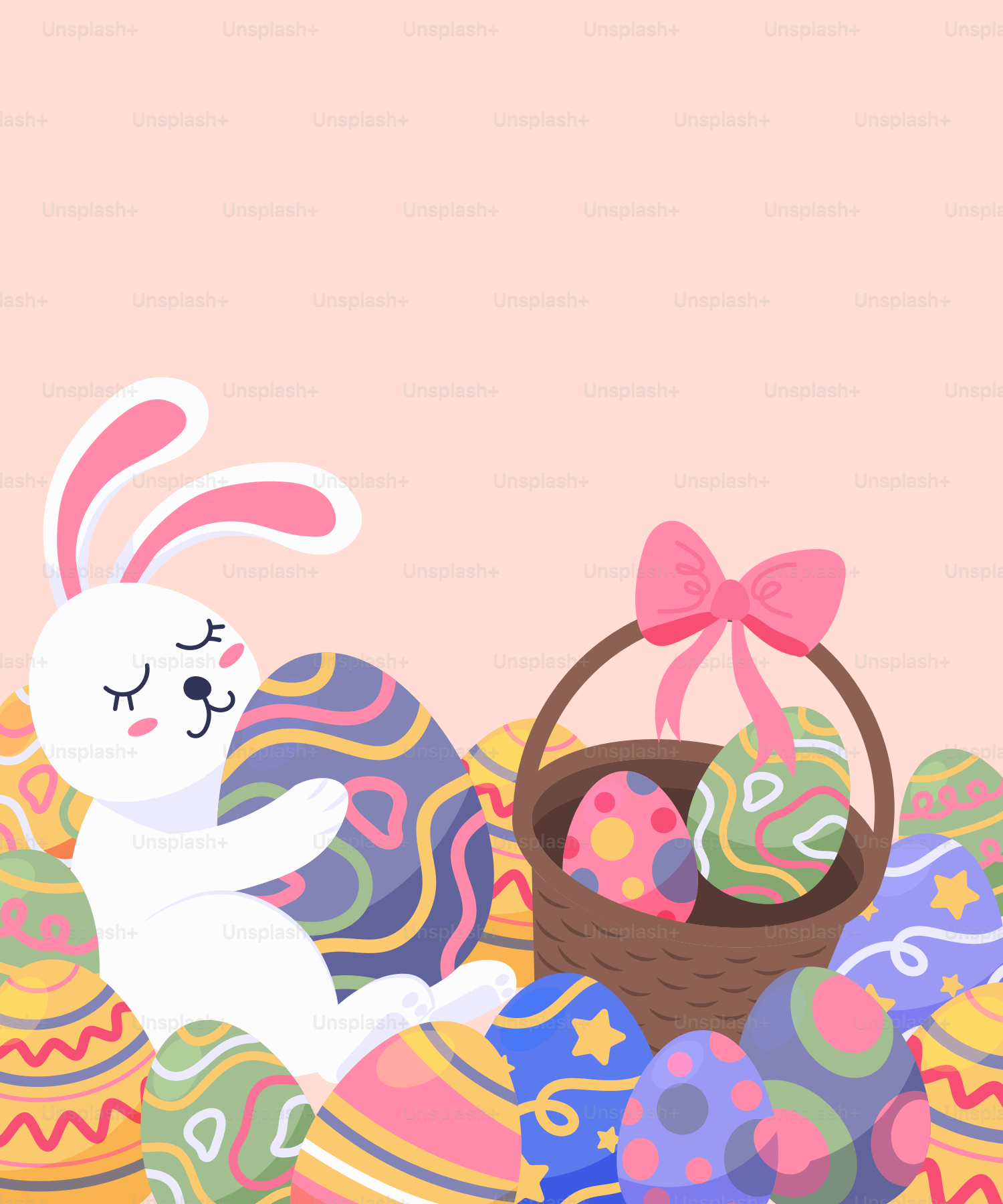 Un lapin assis sur un tas d’œufs