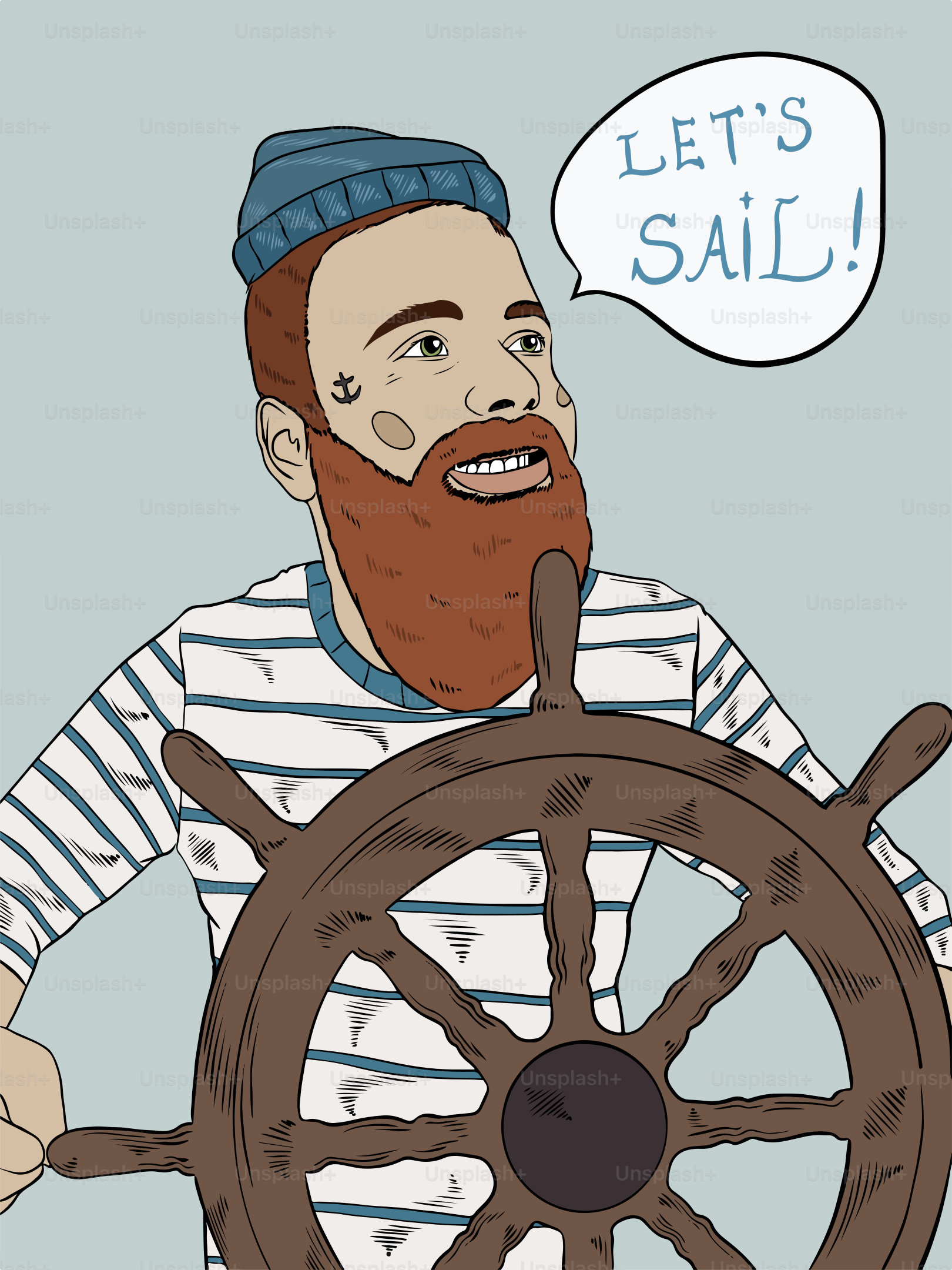 A cartoon of a man with a beard holding a steering wheel