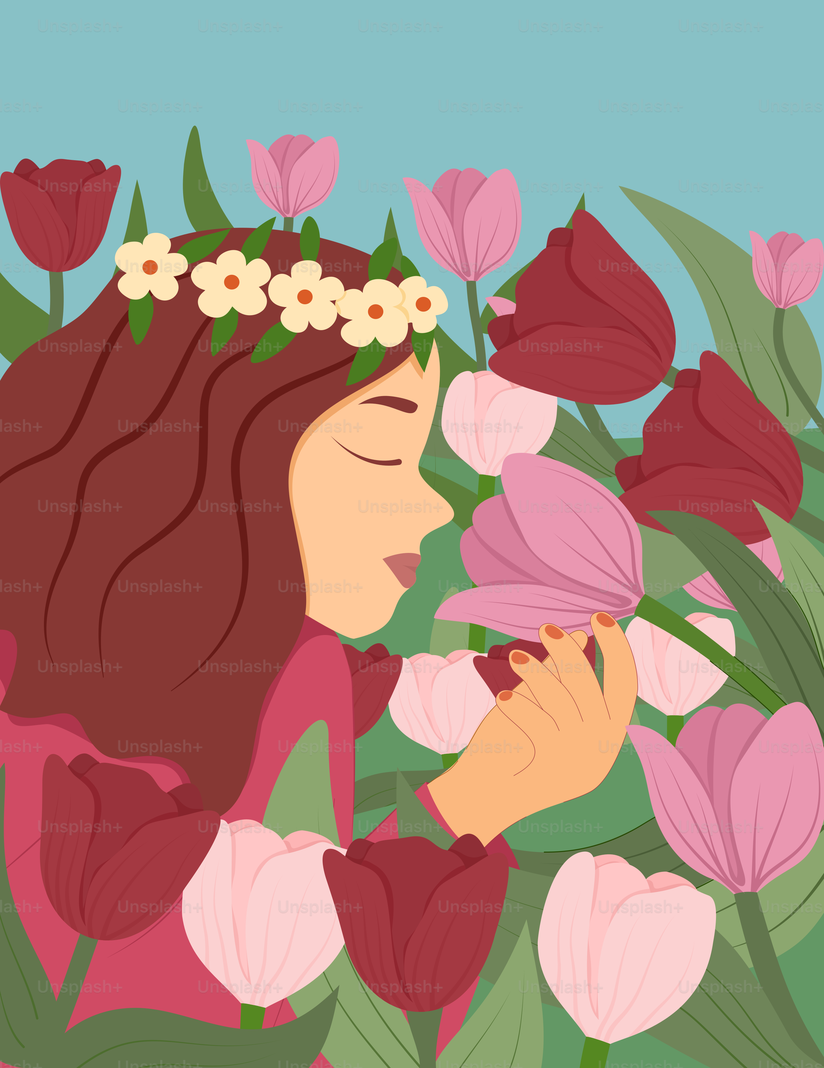 Eine Frau mit einem Blumenkranz auf dem Kopf