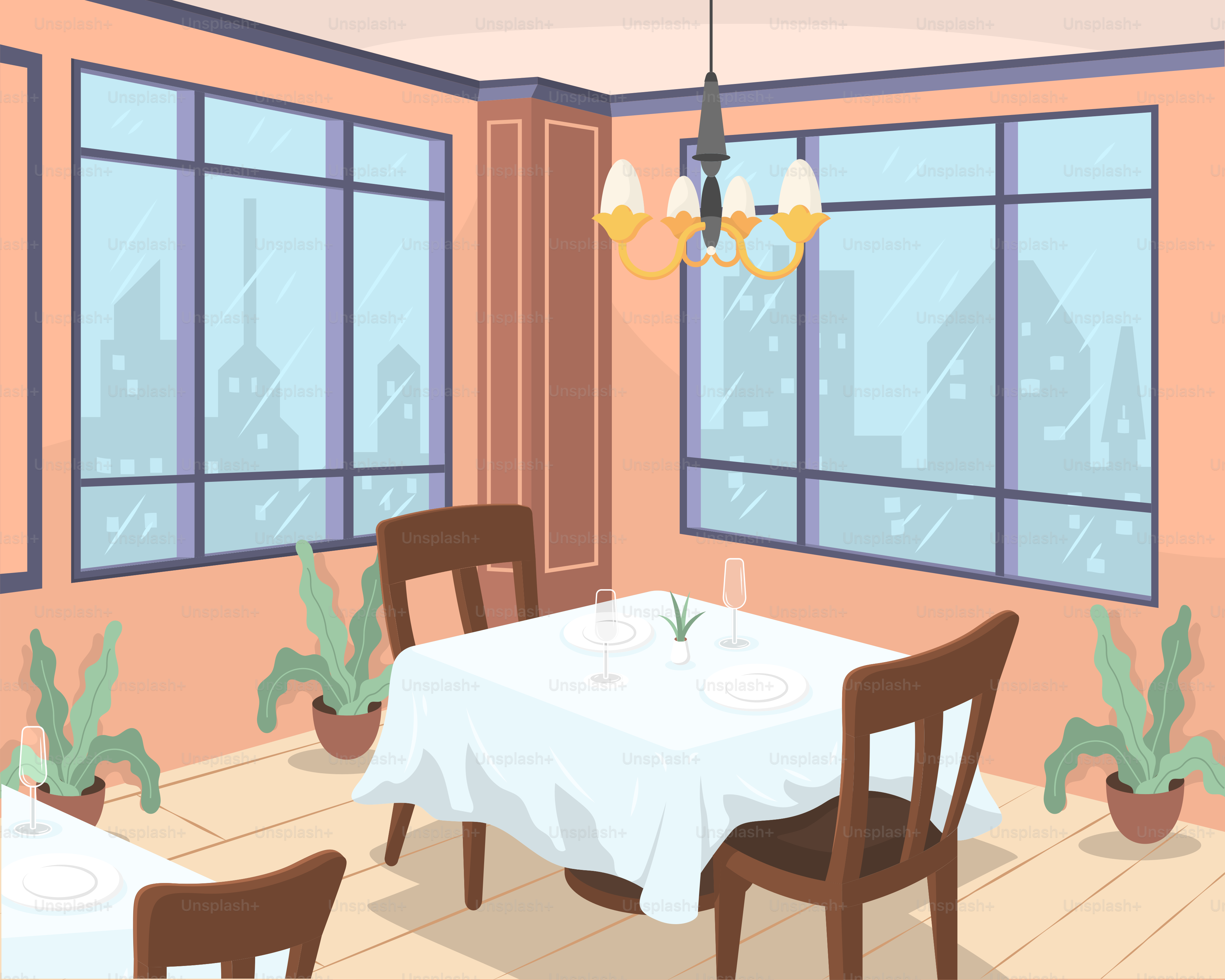 A dining room with a table and chairs