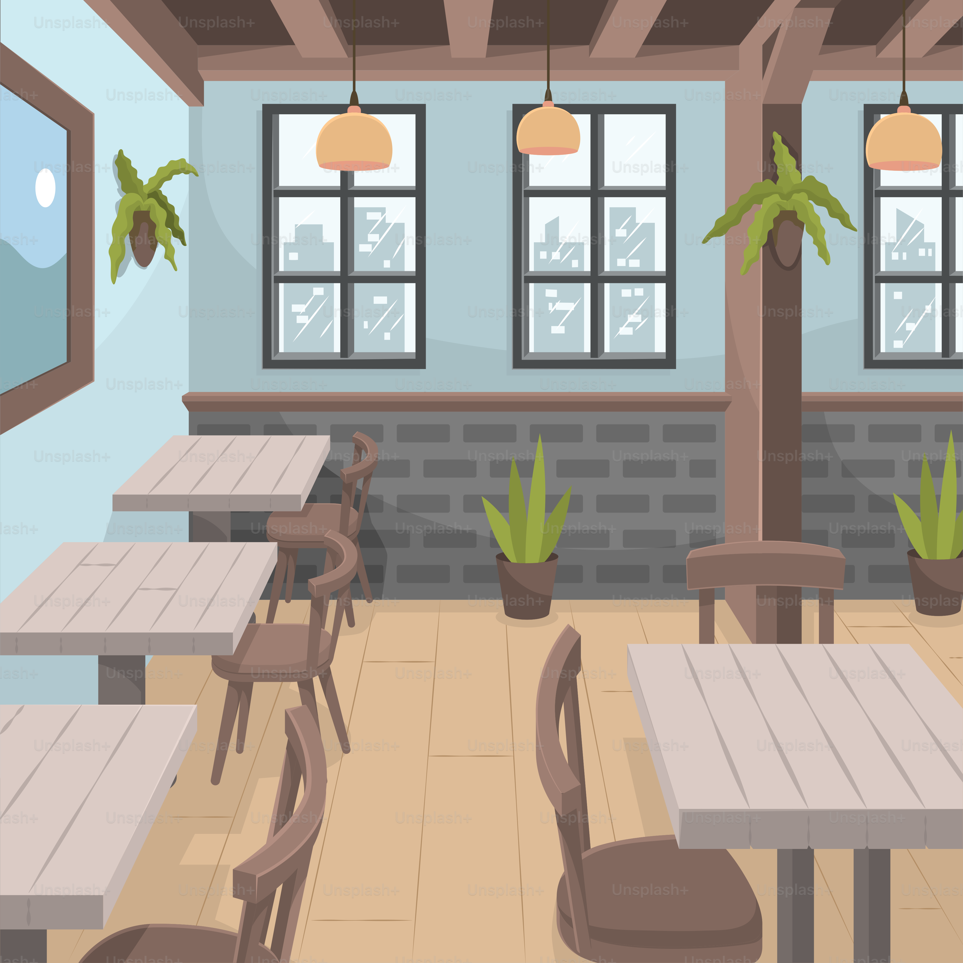 A restaurant with tables and chairs and potted plants
