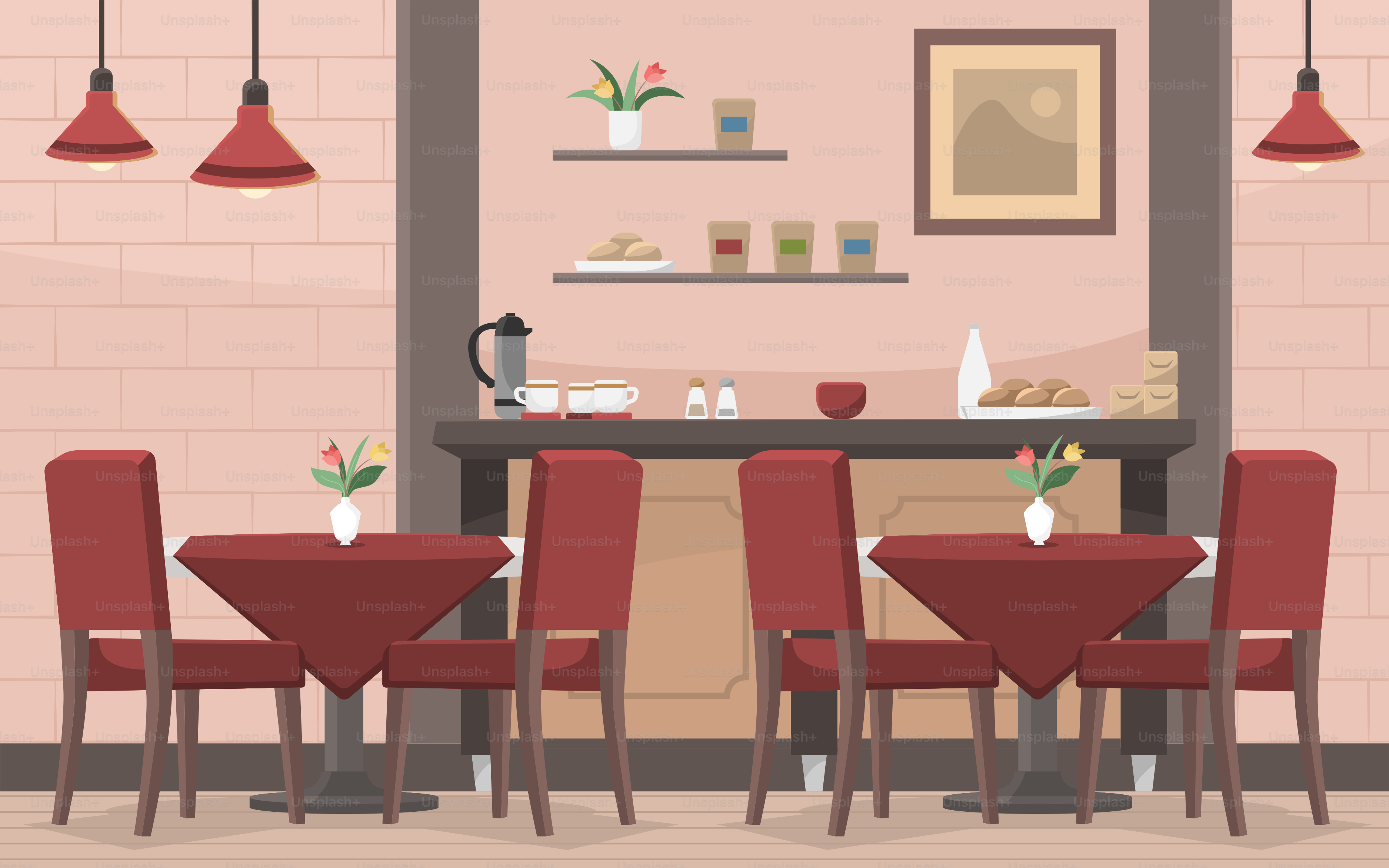 Ein Speisesaal mit roten Stühlen und einem Tisch