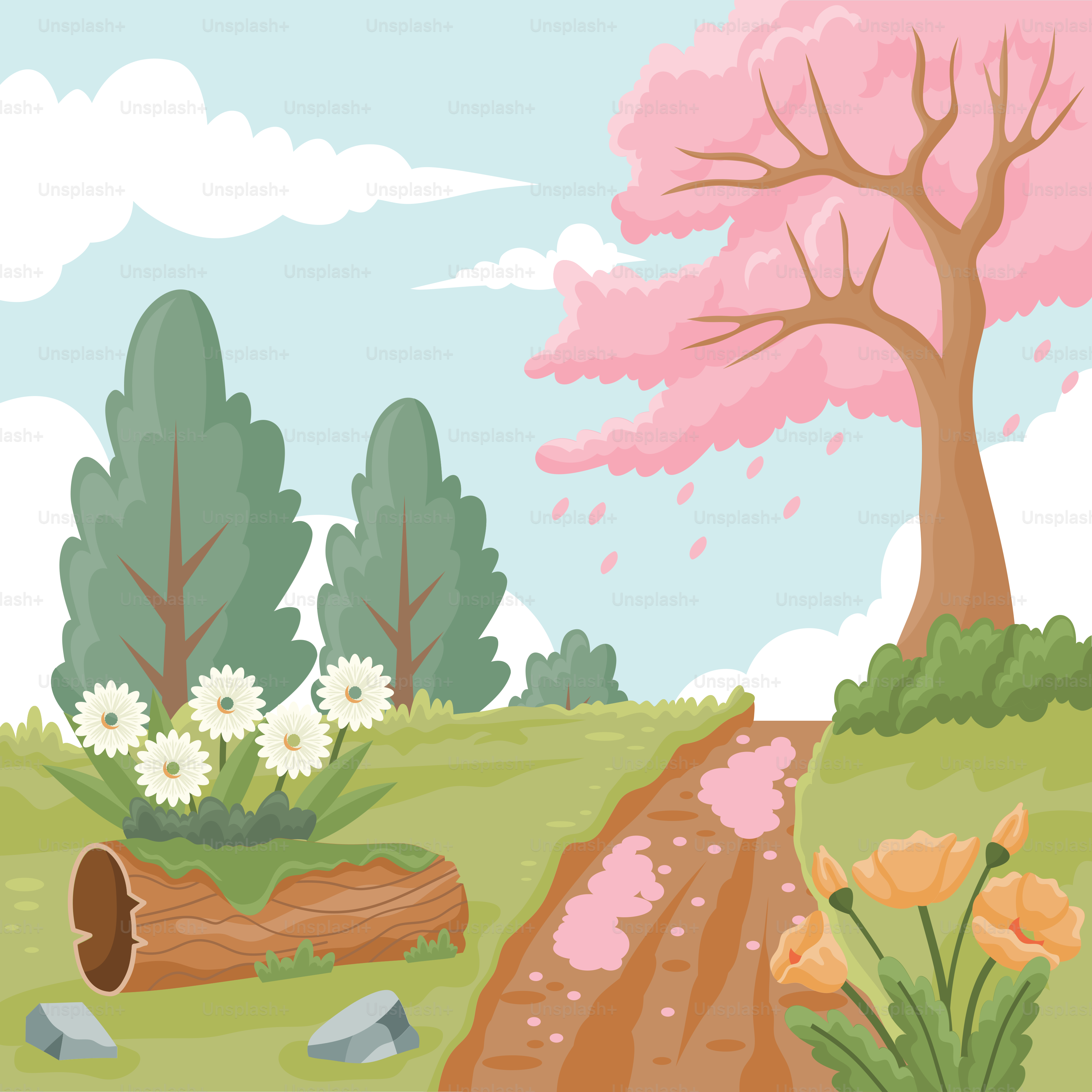 A cartoon scene of a dirt road with flowers and trees