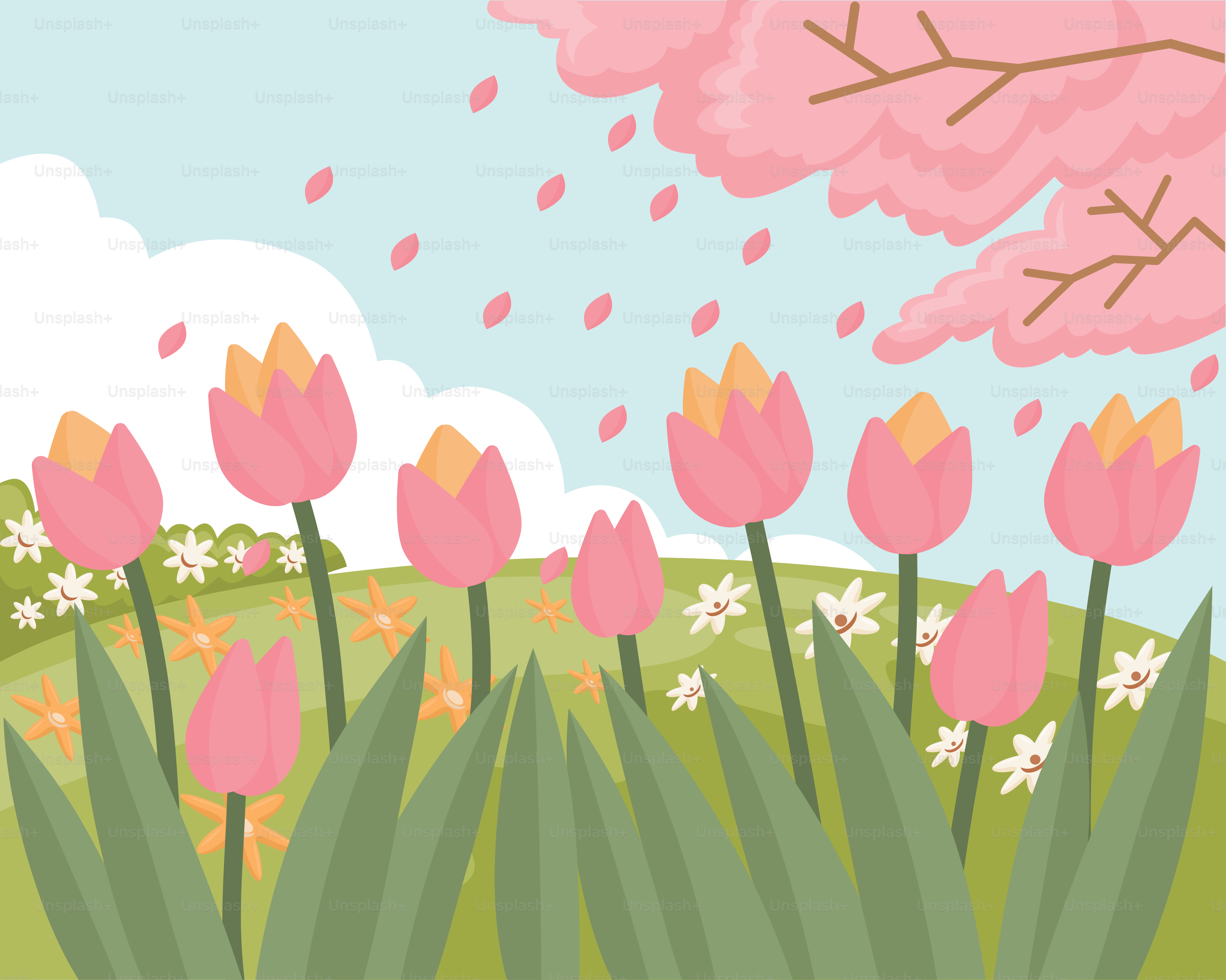 Uma imagem de um campo de flores com um céu ao fundo