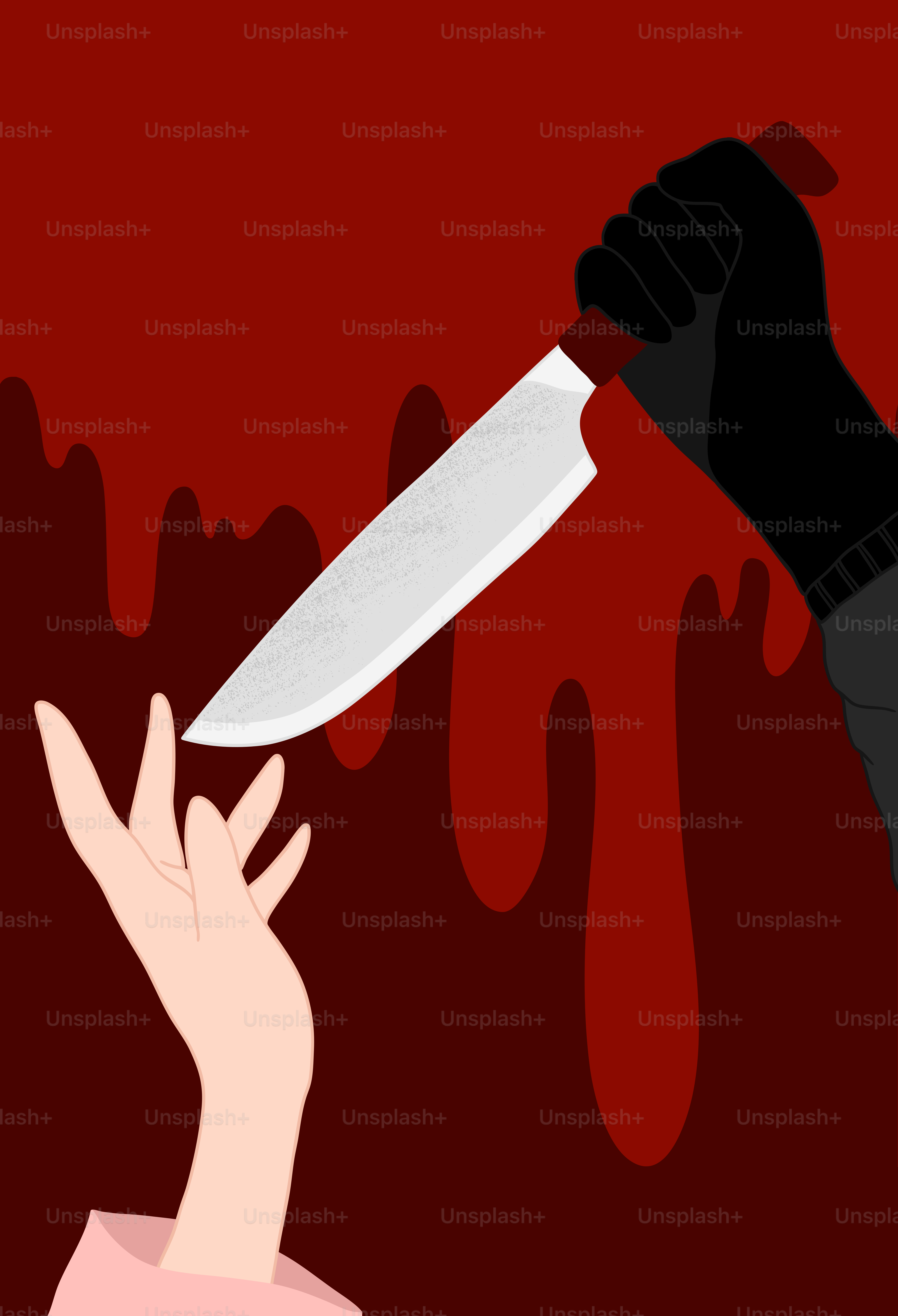 Une personne tenant un couteau devant un mur ensanglanté