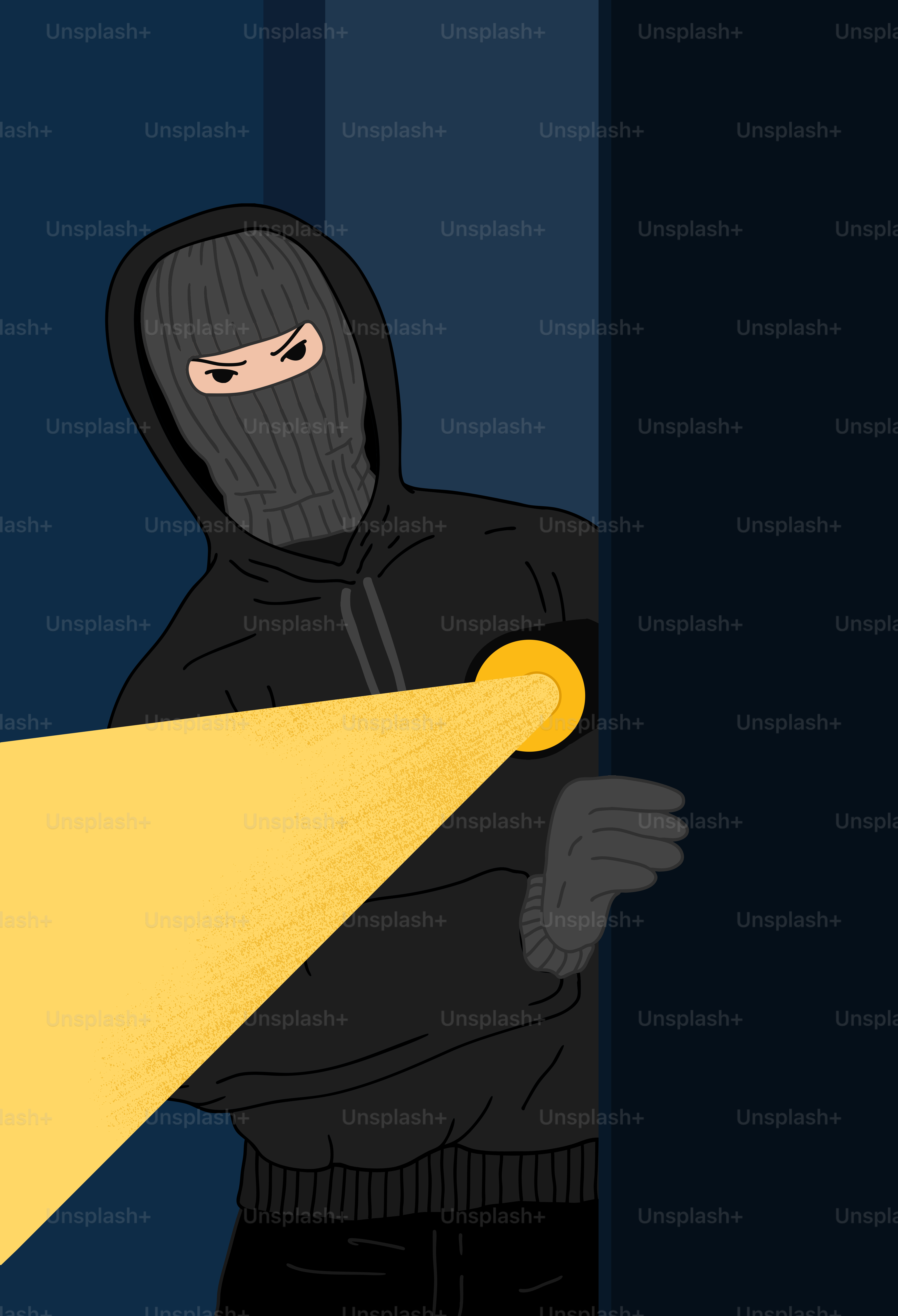 Une personne en sweat à capuche noir tenant une lampe torche jaune