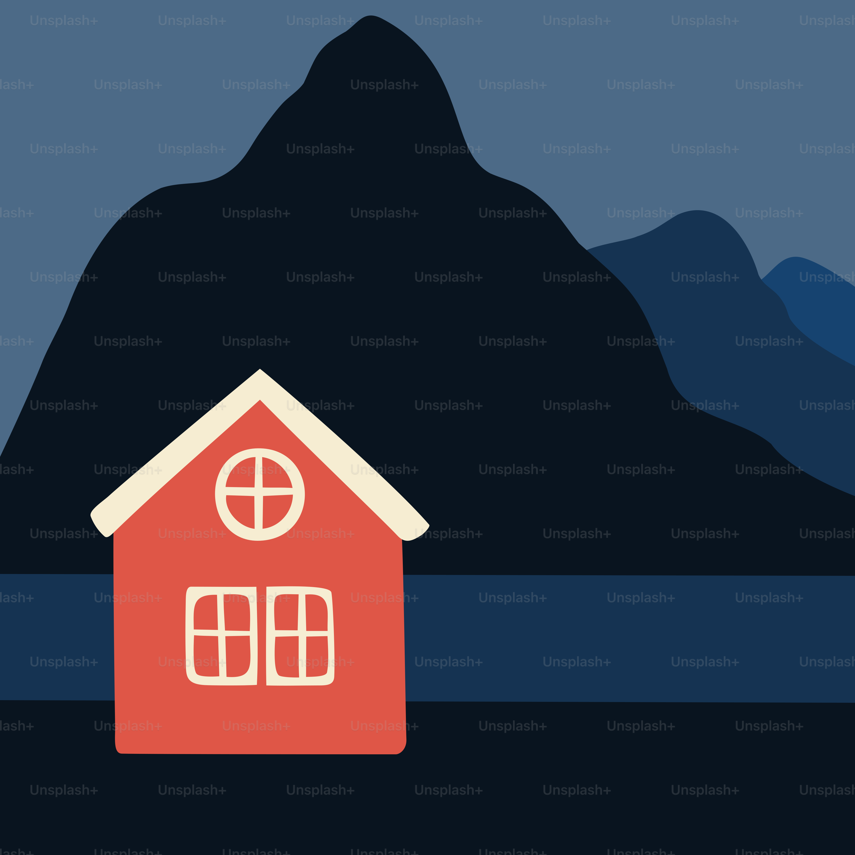 A red house with a mountain in the background