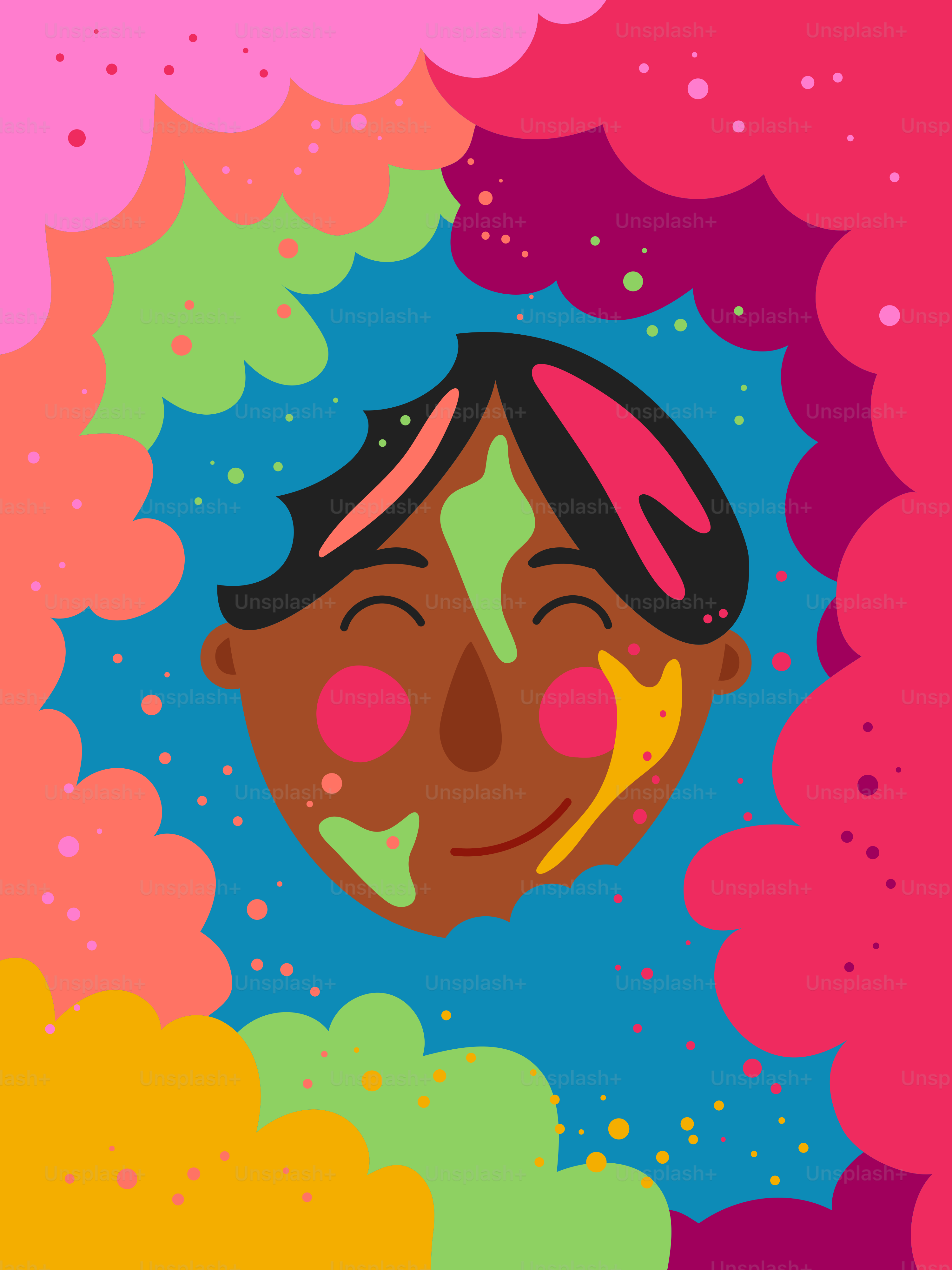 A painting of a woman's face surrounded by colorful clouds