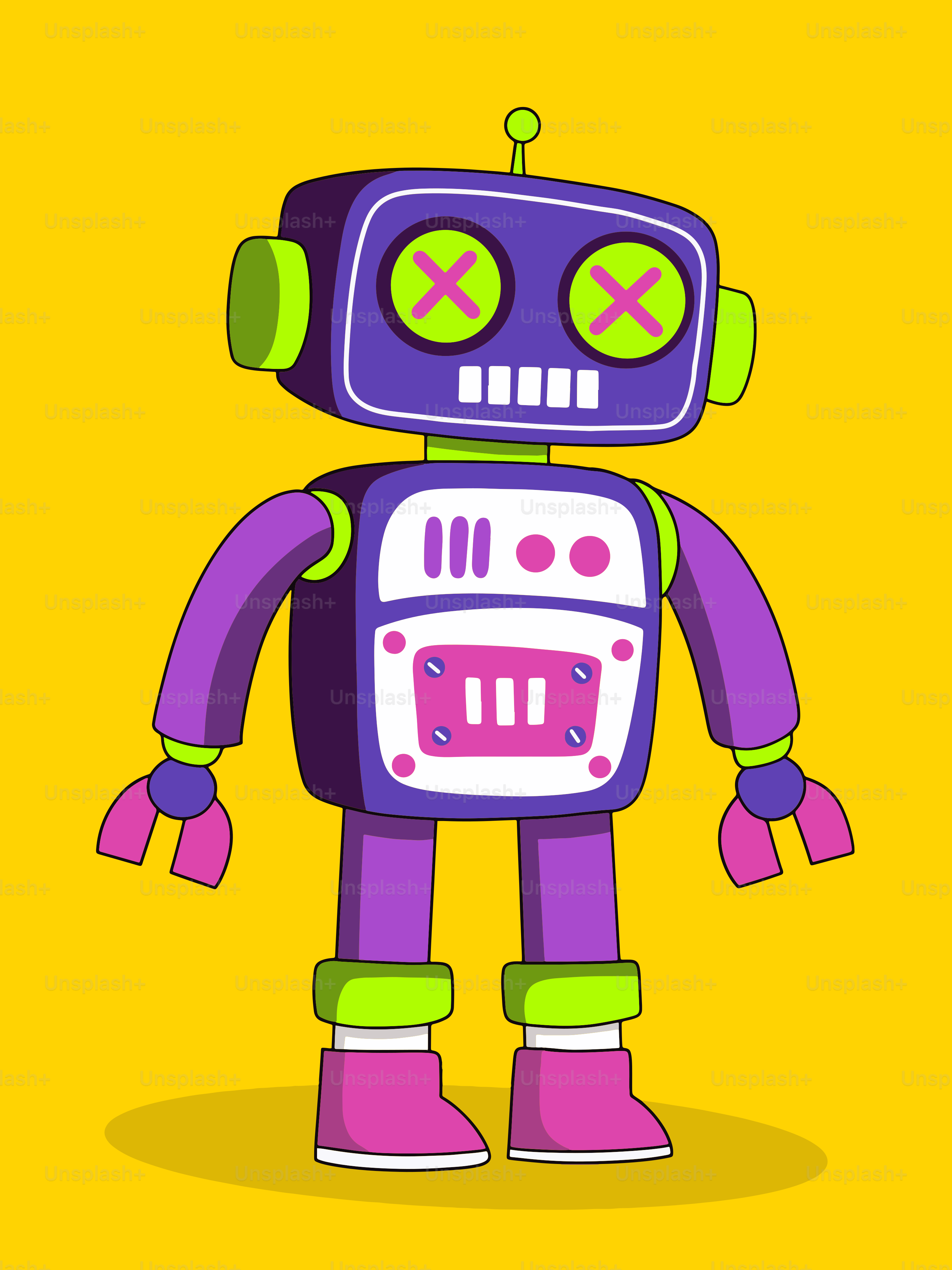 A purple and green robot standing on a yellow background