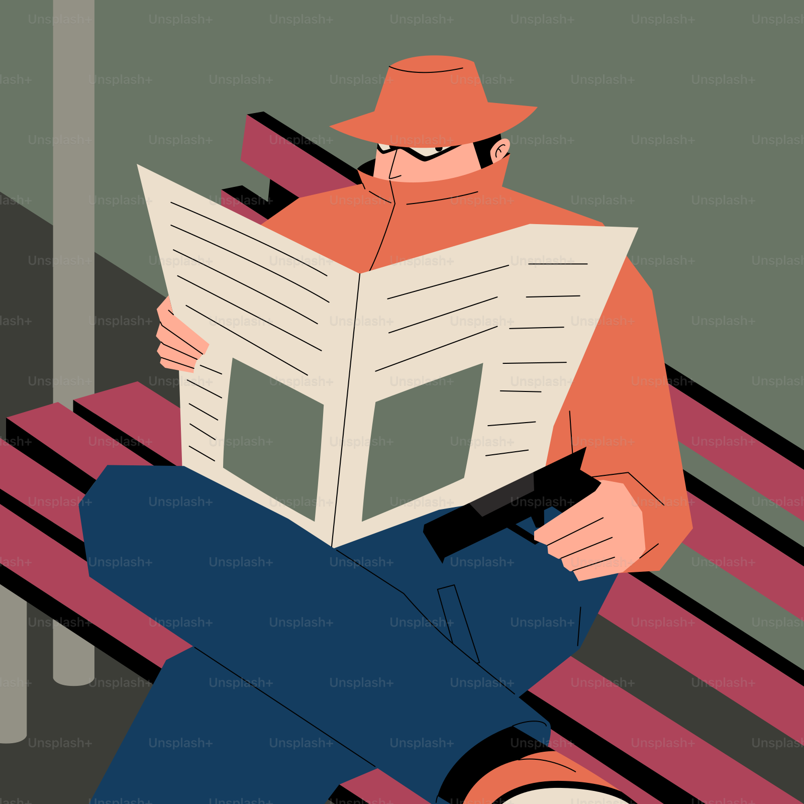 ベンチに座って新聞を読んでいる男性