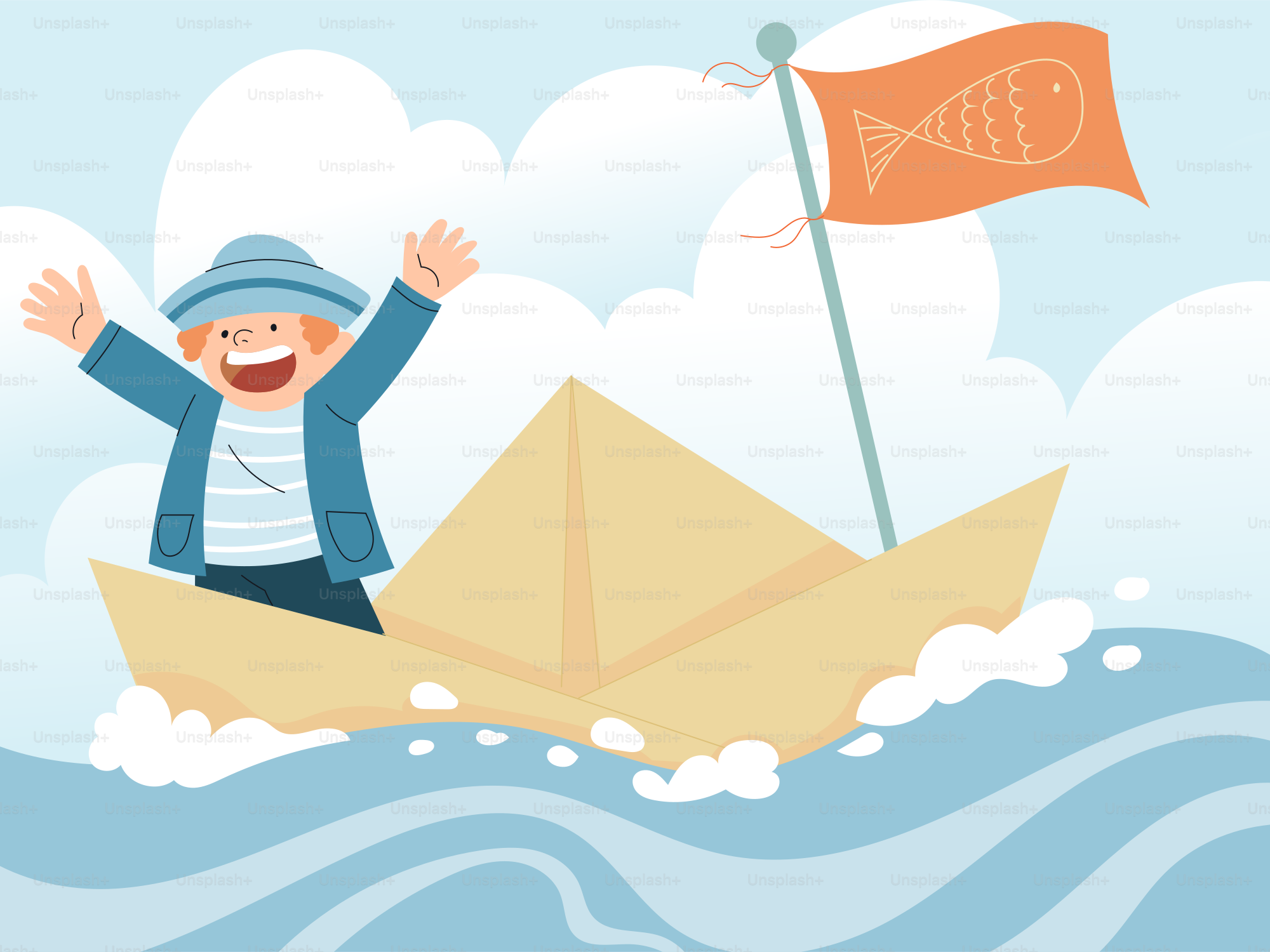 Un hombre está flotando en un barco de papel