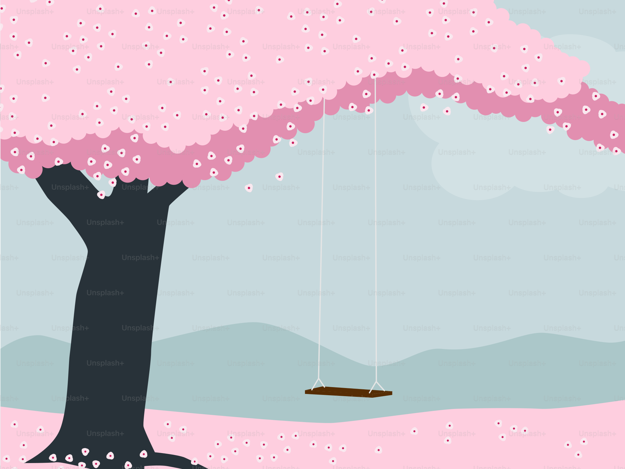 A pink tree with a swing hanging from it