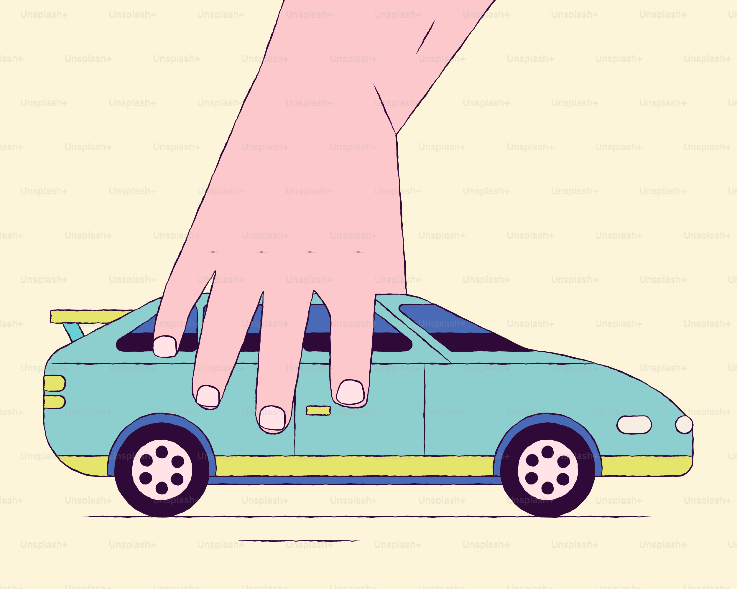 A hand reaching out of a blue car