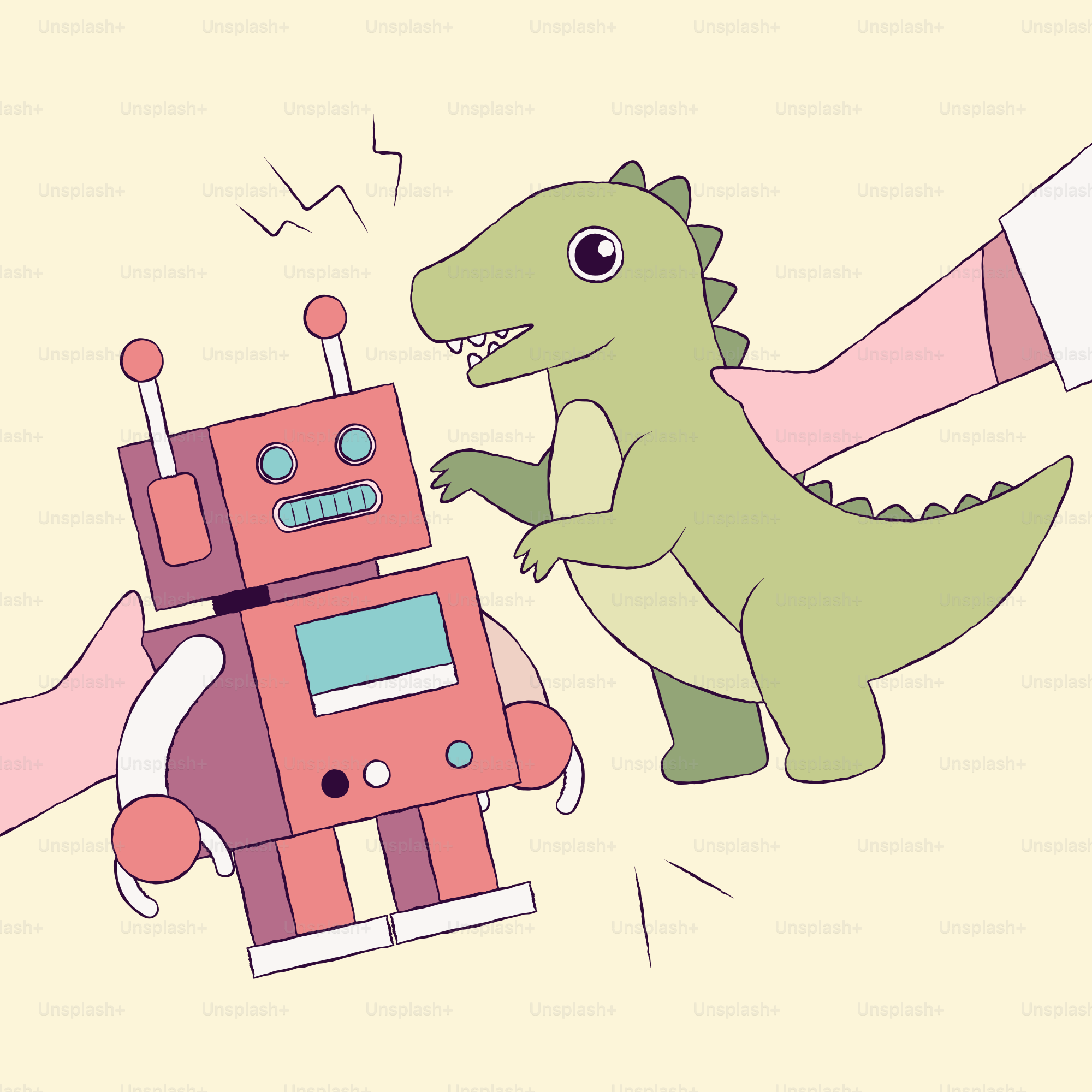 Ein Cartoon eines Dinosauriers und eines Roboters