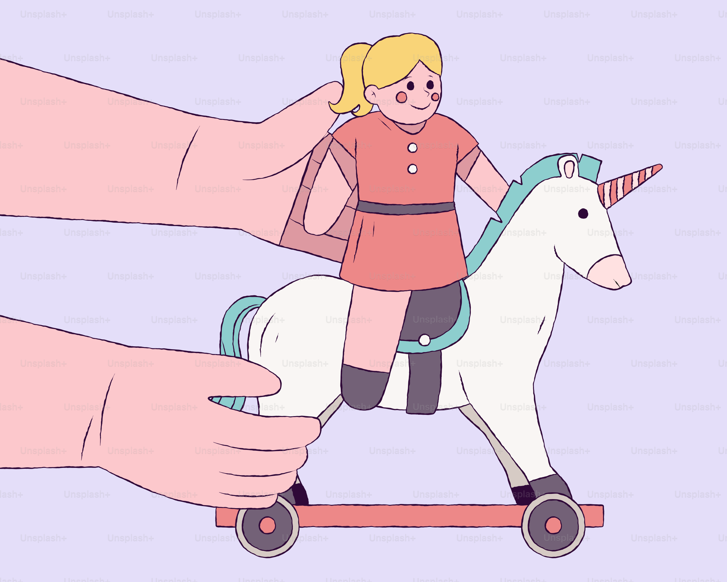 A person riding a toy horse on a pink scooter