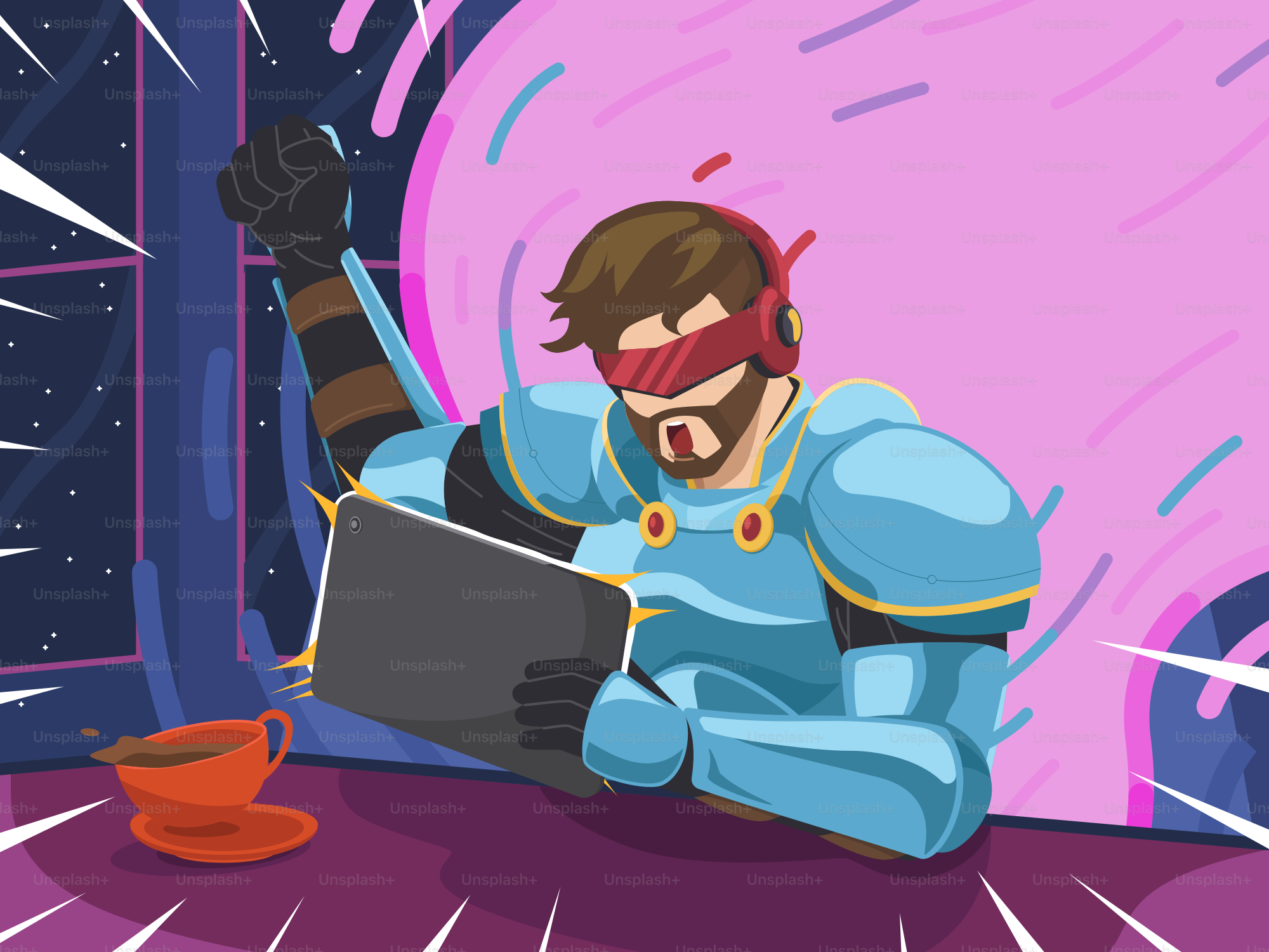 A man in a space suit sitting on the floor with a laptop